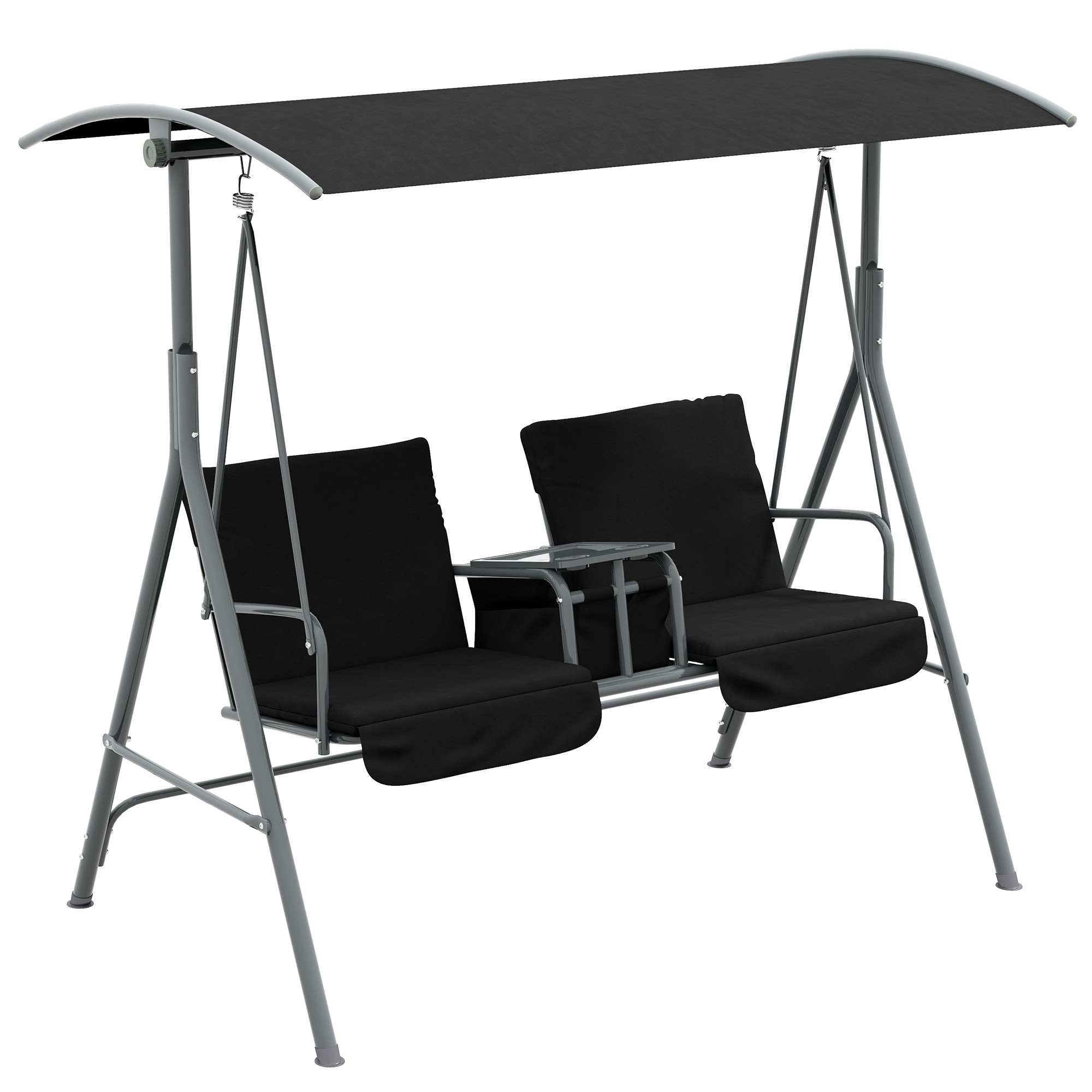 Outsunny 2 Seater Garden Swing Chair, Patio Swing Seat w/ Tilting Canopy, Double Padded Seats, Storage Bag and Tray For Garden Balcony Terrace Patio, Black Outsunny 2 Seater Garden Swing Chair, Patio Swing Seat w/ Tilting Canopy, Double Padded Seats, Storage Bag and Tray For Garden Balcony Terrace Patio, Black