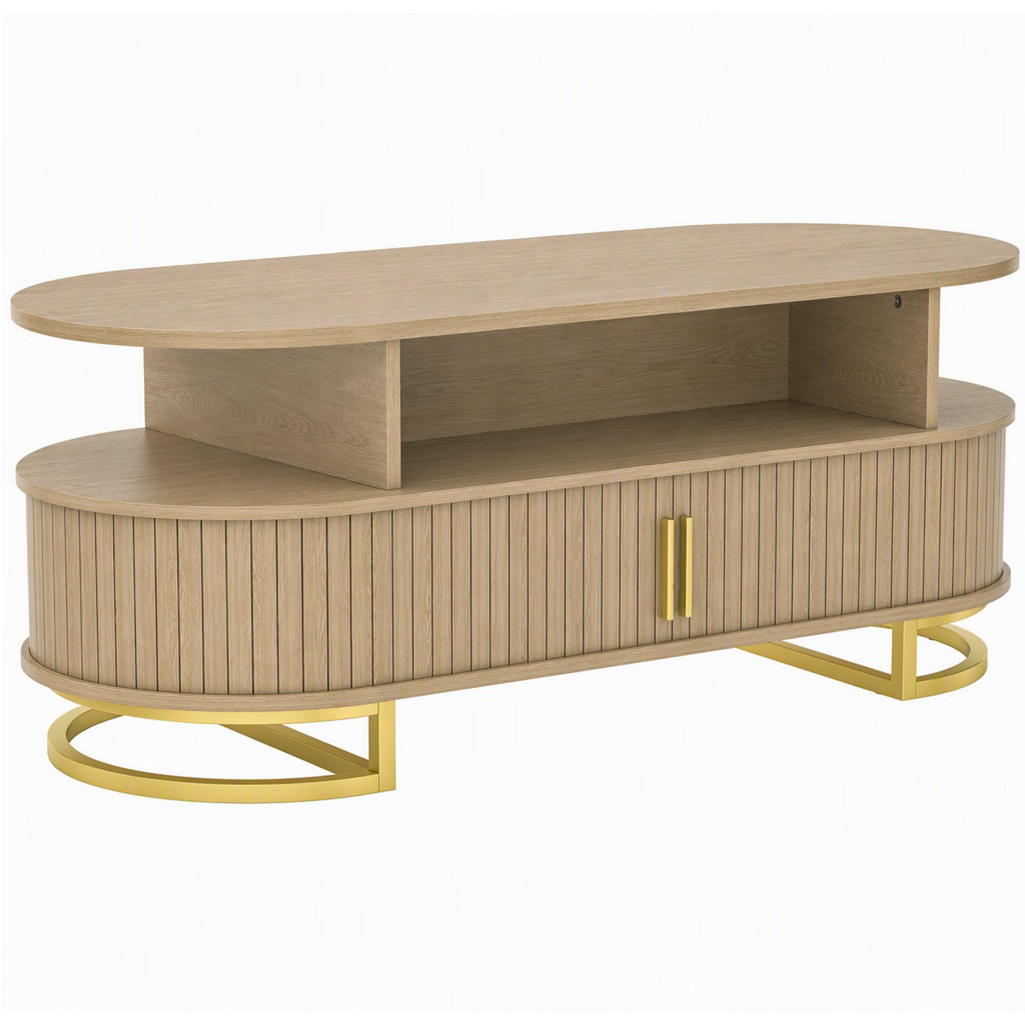 HOMCOM Ovaler Couchtisch, Moderner Wohnzimmertisch mit schiebbarer Tambourtür, Geschlossener Stauraum und offenen Regalen, Goldene Metallfüße, für Schlafzimmer, Wohnzimmer und Büro, 120x50x47,5cm, Eiche Aosom