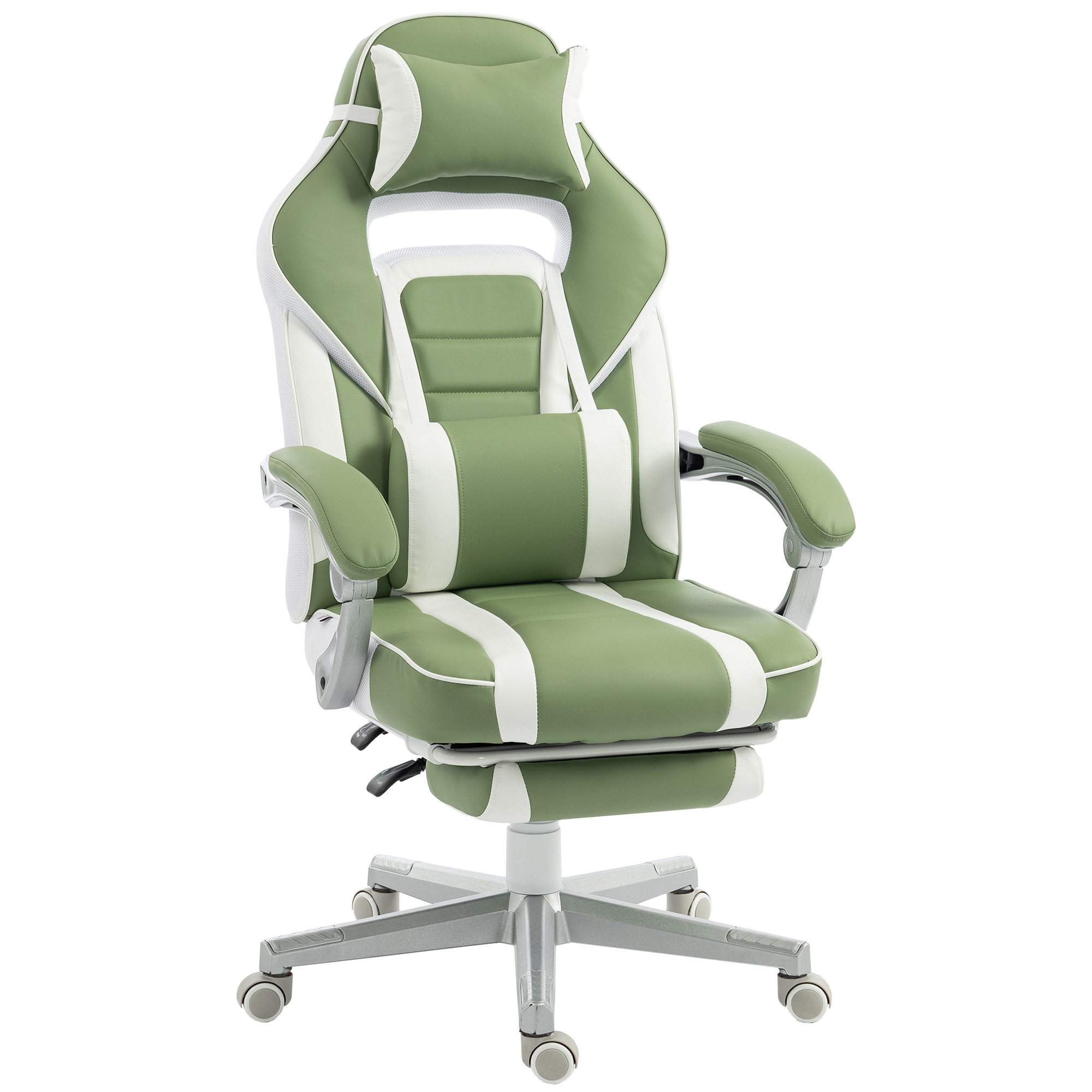 HOMCOM Silla Gamer Reclinable con Altura Ajustable Reposapiés Retráctil Soporte Lumbar y Reposacabezas Desmontable Verde