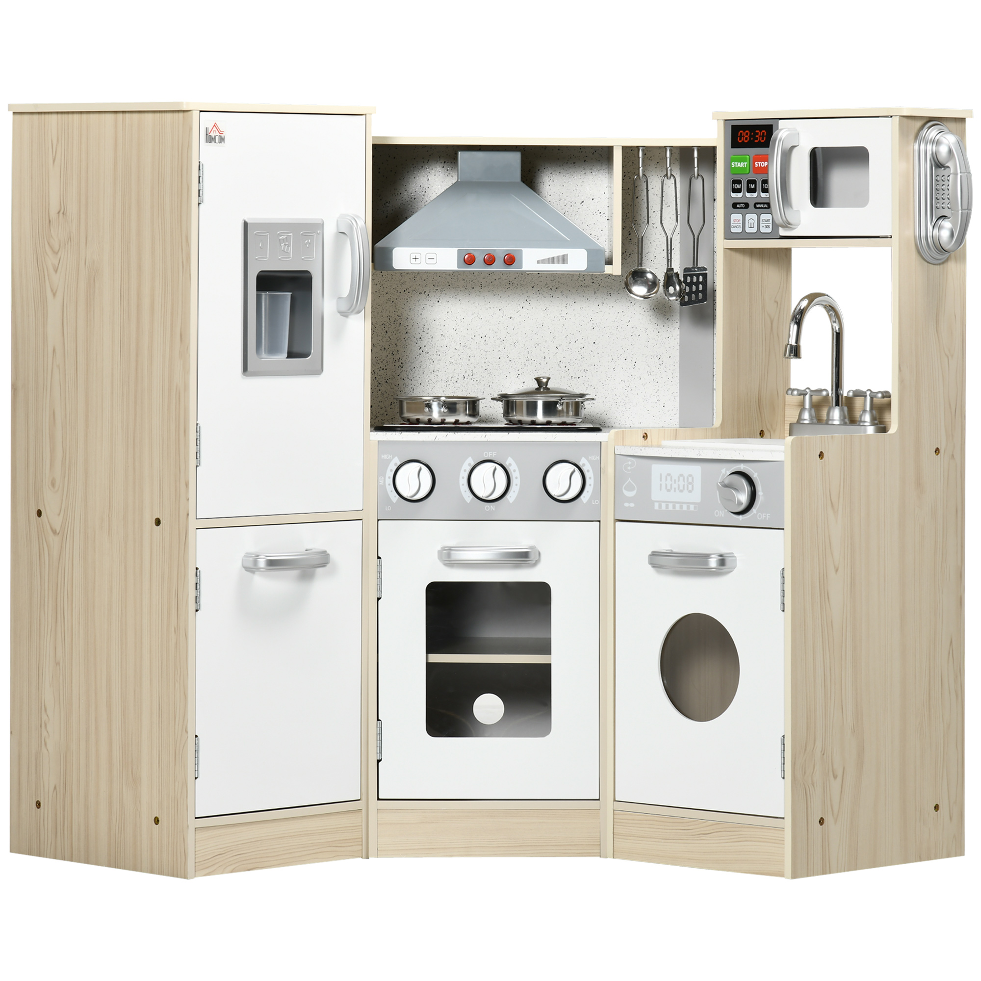 HOMCOM Interactive Wooden Play Kitchen for Children, Pretend Play Set with Sounds, Lights, Phone, Microwave, Fridge, Ice Maker   Aosom UK