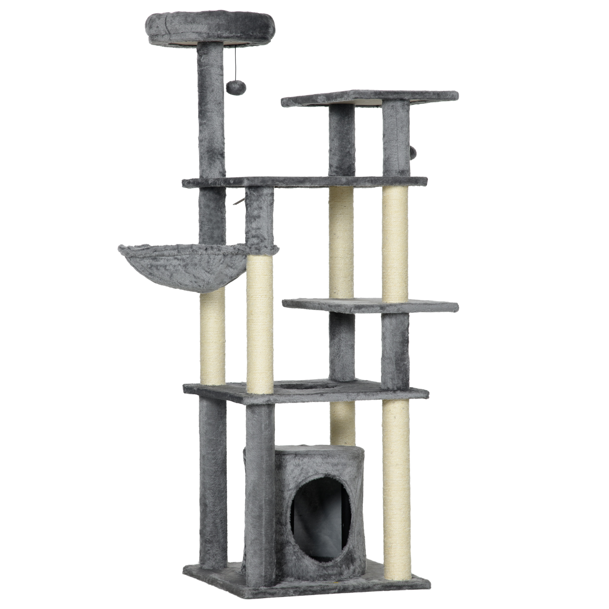 PawHut Torre para Gatos Grande 144 cm con Postes para Rascar Cama Cueva Plataformas Bolas Colgantes Gris Espacio de Juego | Aosom España