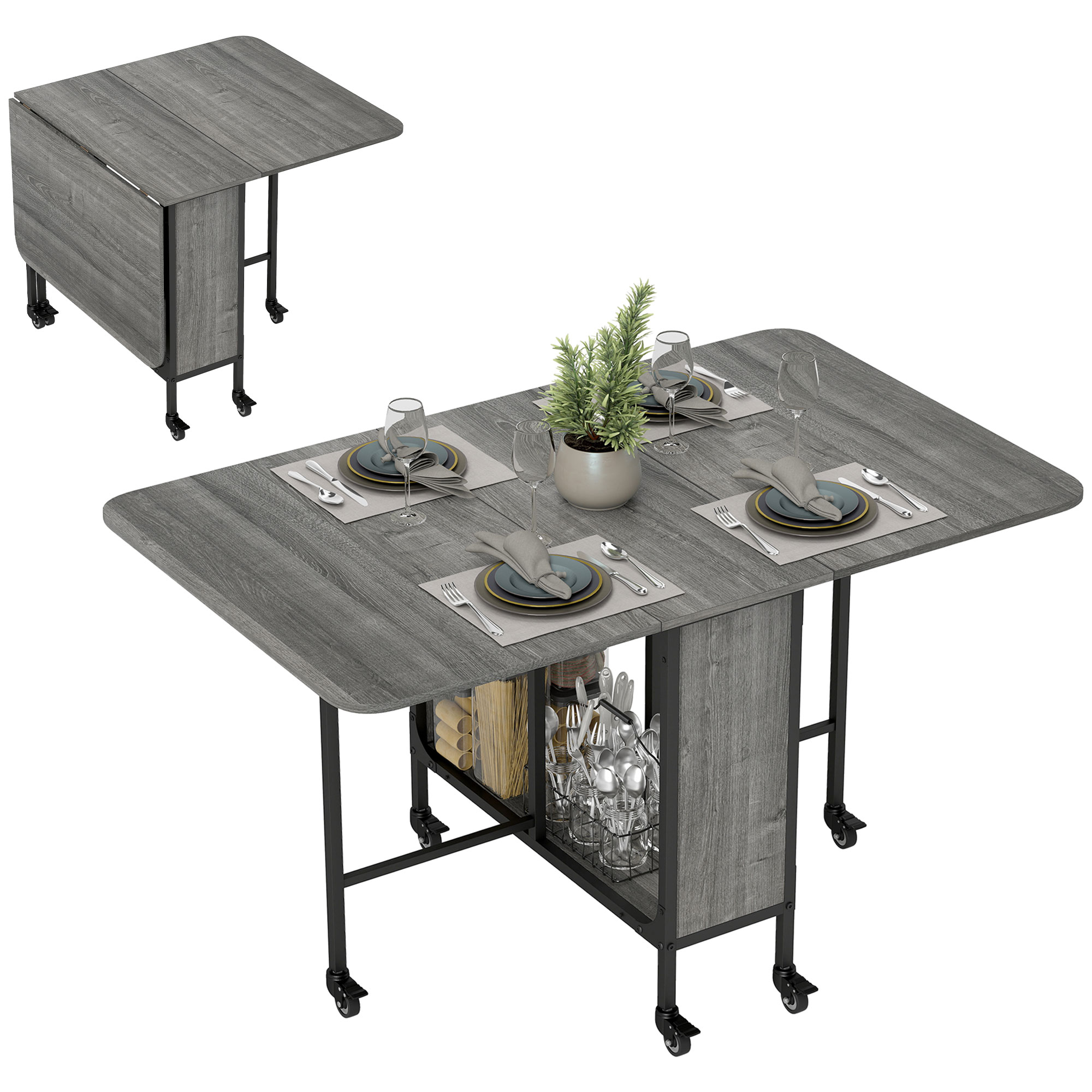 HOMCOM Mobile Drop Leaf Table Folding Kitchen Table Extendable Dining Table For Small Spaces With 6 Wheels & Storage Shelf   Aosom UK