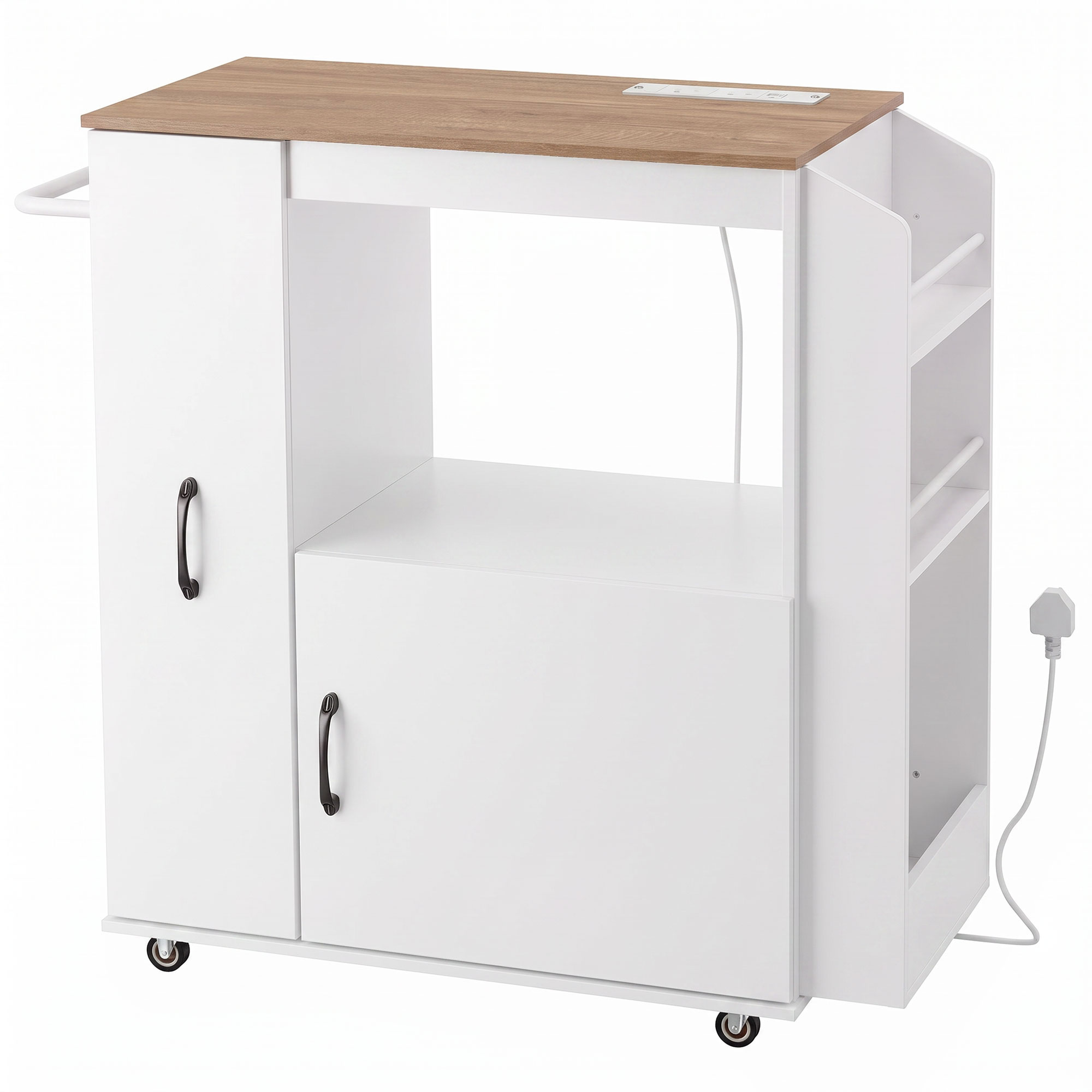Homcom White Kitchen Trolley On Wheels, Rolling Kitchen Island Cart With Power Outlet, Cabinet, Pull-Out Drawer,