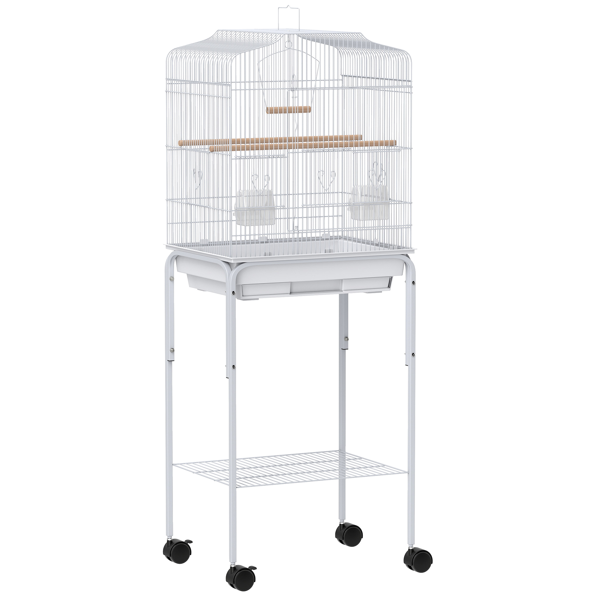 PawHut Jaula para Pájaros con Ruedas Estante Puertas 2 Comederos 2 Perchas Columpio Bandeja Extraíble 46,5x36x124 cm Blanco