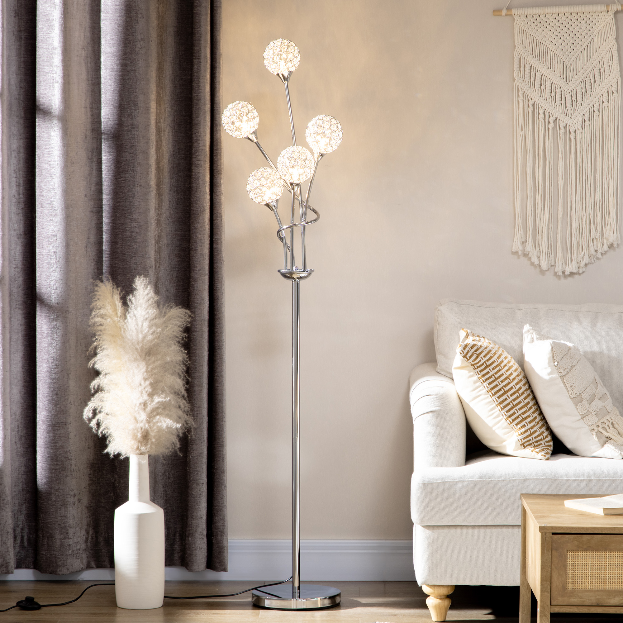 HOMCOM Crystal Floor Standing Lamp with 5-Light , Floor Lights for Living Room & Bedroom, Modern Silver Design, Silver   Aosom UK