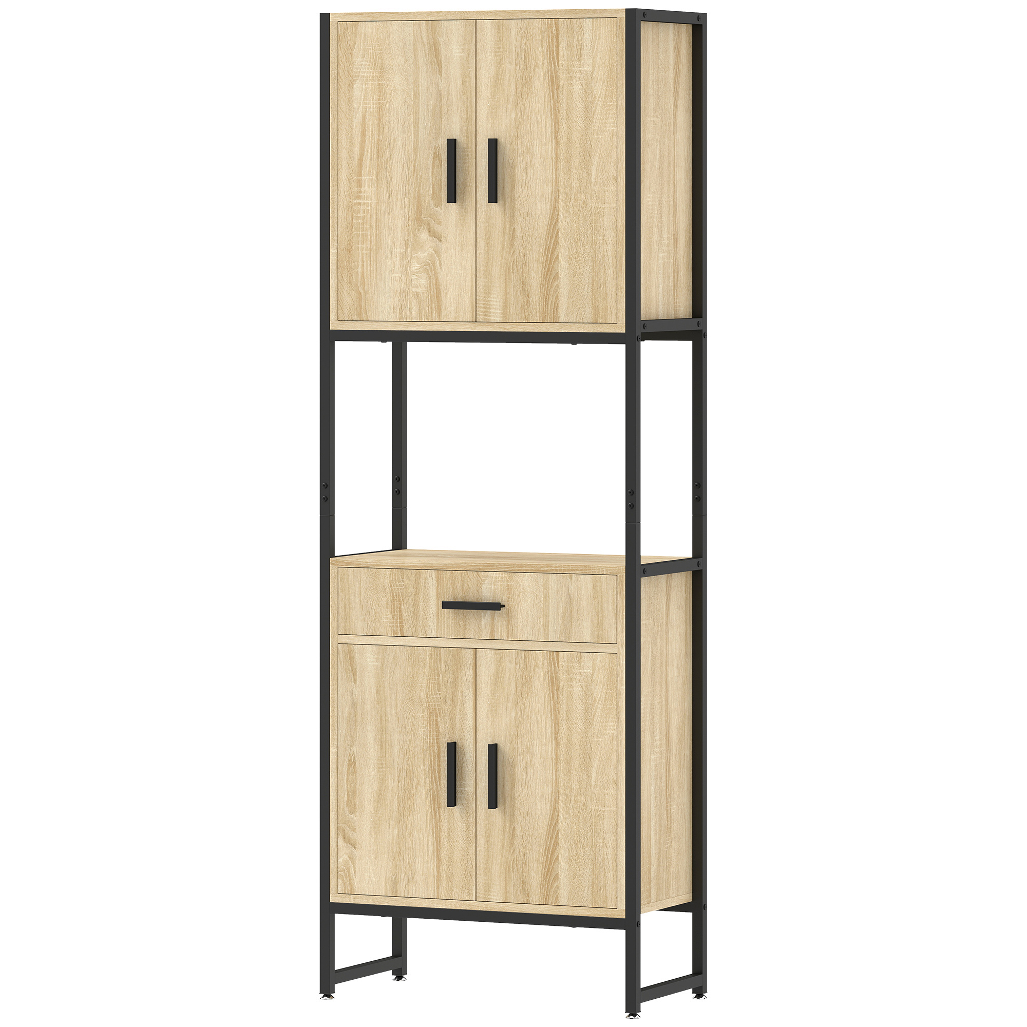 HOMCOM Hochschrank Küche, Küchenschrank, Geschirrschrank, 4 Soft-Close-Türen, Schublade und Arbeitsfläche, Industrielles Aufbewahrungsmöbel für Wohnzimmer, Esszimmer, 60x30x170cm, Naturholz Aosom