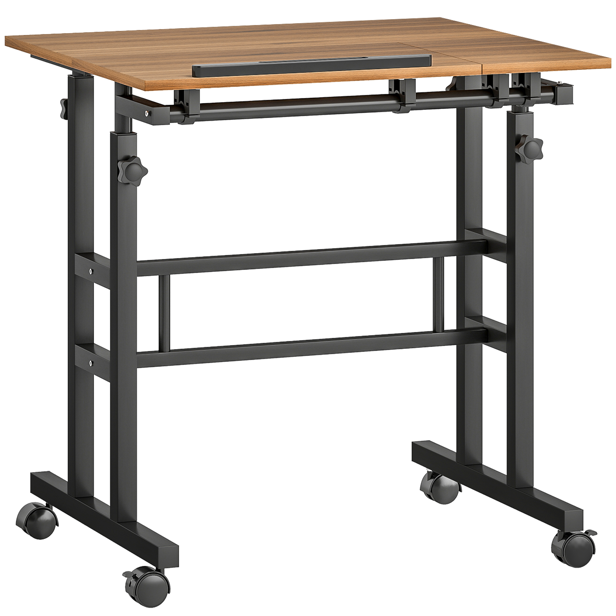 Bureau assis debout bureau réglable en hauteur à roulettes avec plateau inclinable cadre en métal marron
