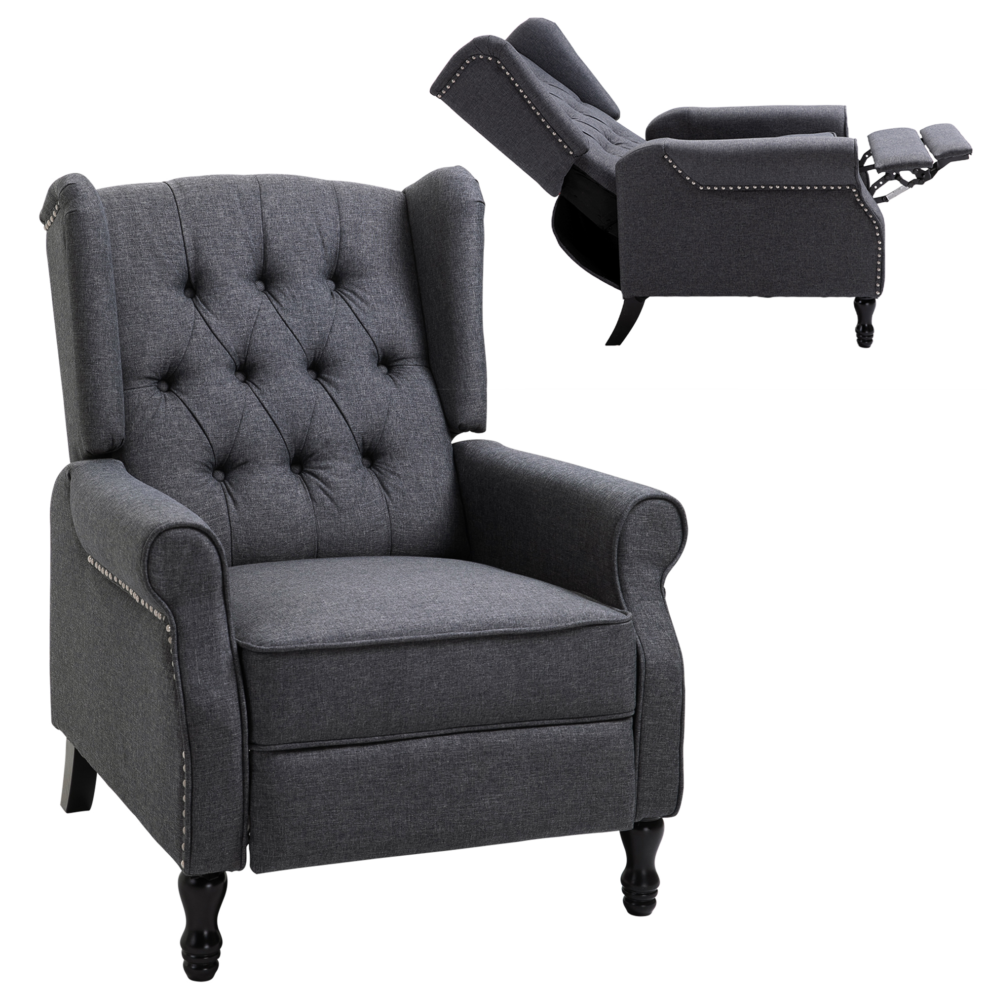 HOMCOM Recliner Armchair, Vintage Reclining Chair with Nail Head Trim, Wingback Chair with Button Tufted Back and Footrest, for Living Room, Dark Grey HOMCOM Recliner Armchair, Vintage Reclining Chair with Nail Head Trim, Wingback Chair with Button Tufted Back and Footrest, for Living Room, Dark Grey