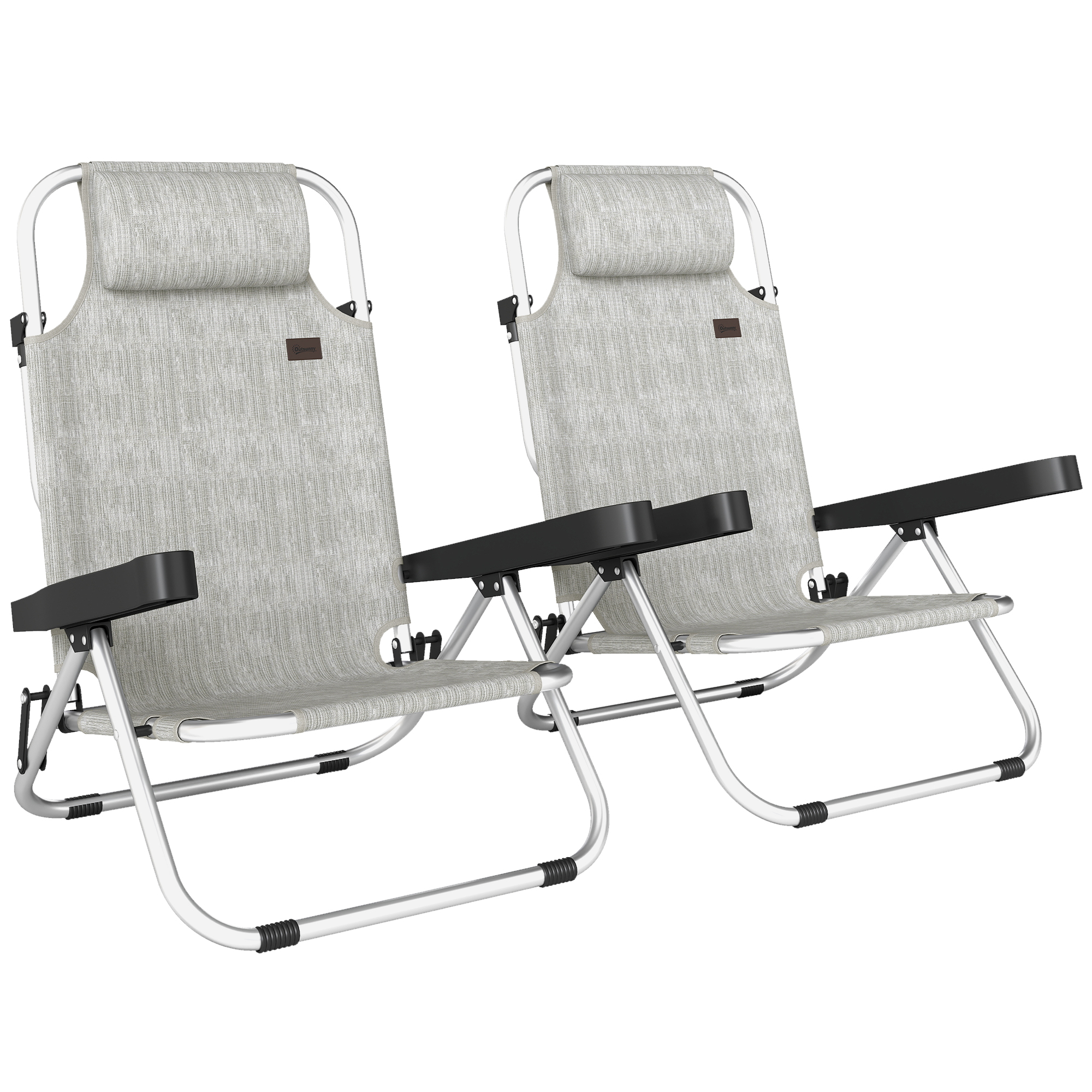 Set Outsunny 2 Șezlonguri Pliabile și Reclinabile pe 4 Poziții cu Suport pentru Cap, din Aluminiu, 62x61x80 cm, Gri | Aosom Romania