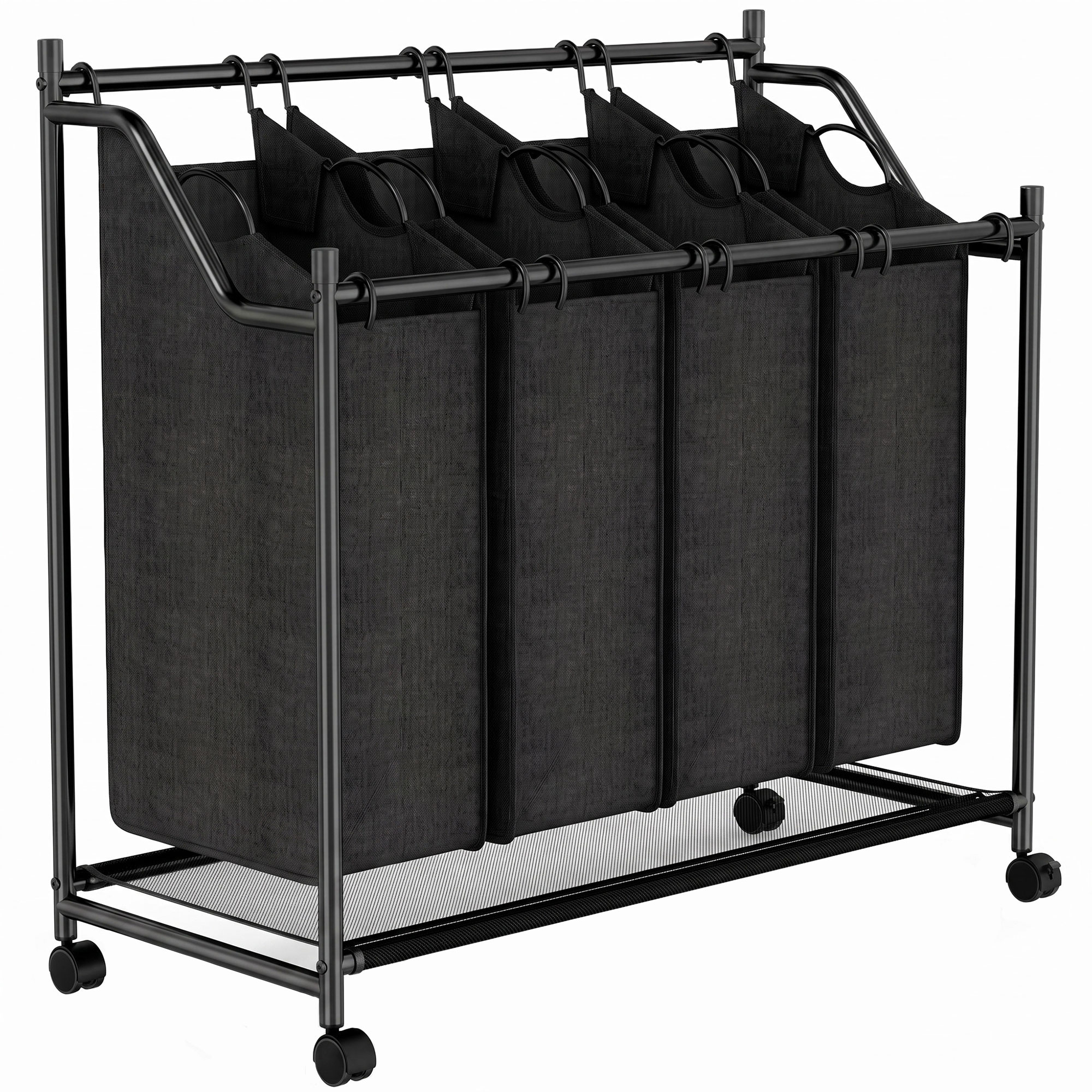 HOMCOM Wäschekorb Bambus 4 Fächer 4 x 27 L Wäschesammler mit Rollen, Herausnehmbarer Wäschebox Wäschesortierer mit Stahlrahmen Wäschewagen für Waschküche Schlafzimmer 86x38x82 cm, Schwarz Aosom