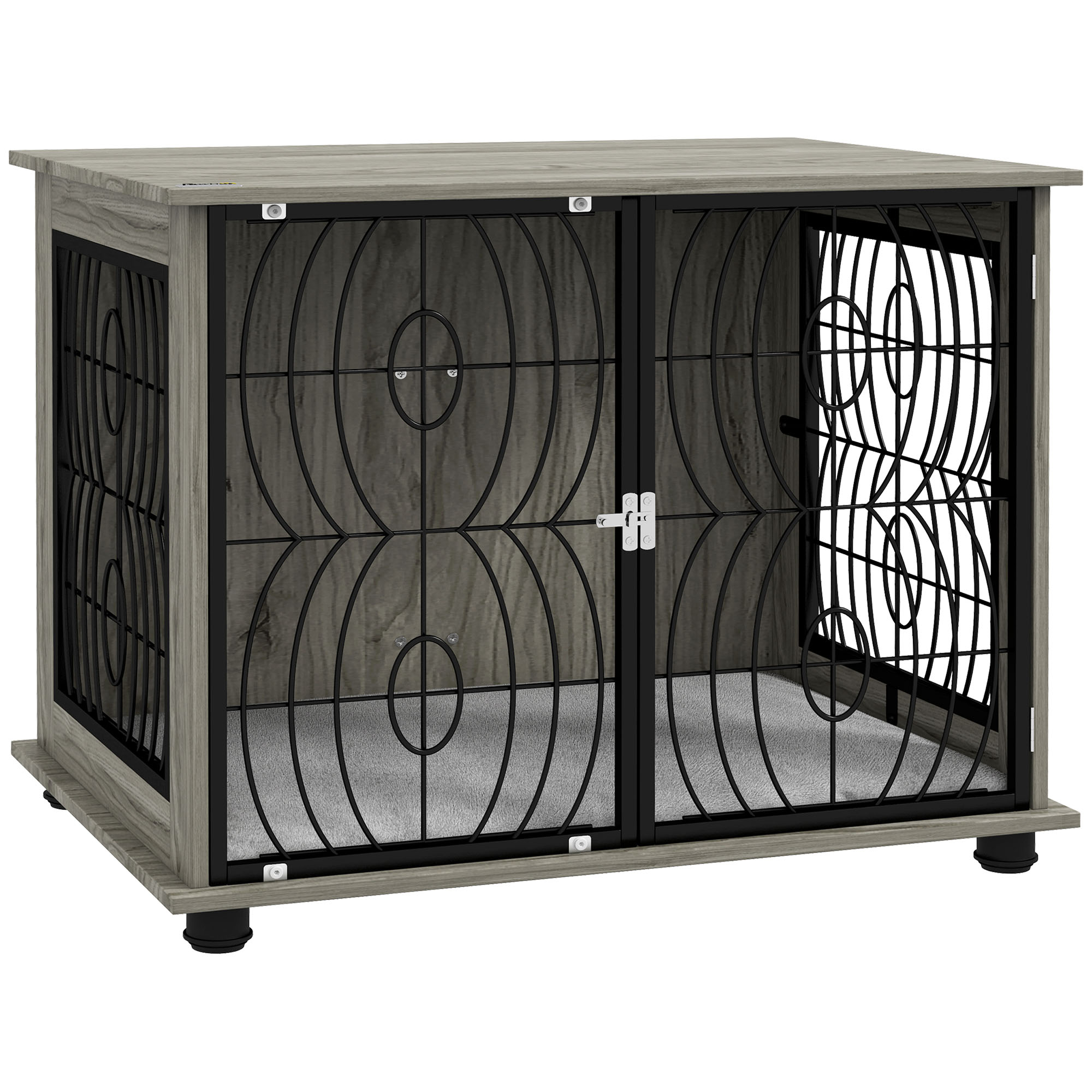 PawHut 29.5" Indoor Dog Crate Furniture End Table w/ Plush Washable Cushion, Lockable Door, for Medium Size Dogs   Aosom UK