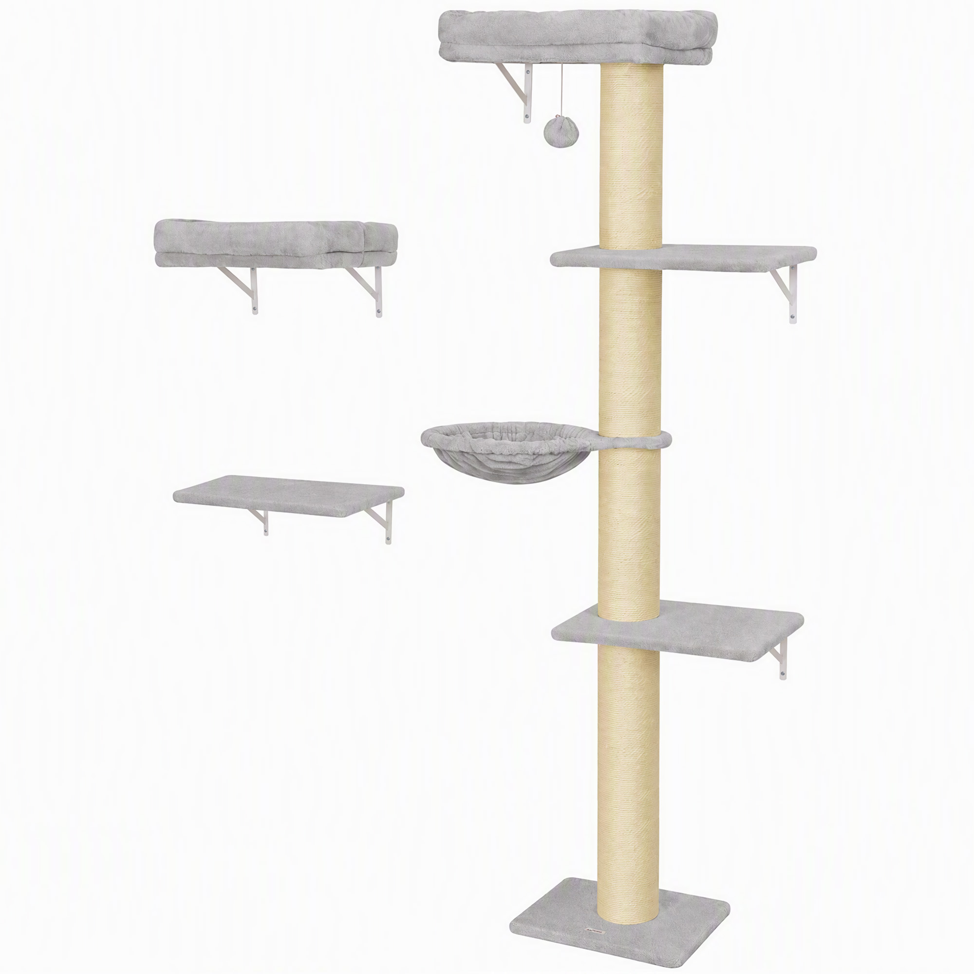 PawHut Kletterwand Katzen, 3-teilig Katzenkletterwand Set, Katzen Wandelemente mit Kratzbaum, Plattformen Hängematte, Katzenwandmöbel Set für Klettern Spielen Schlafen bis 6 kg Hellgrau Aosom