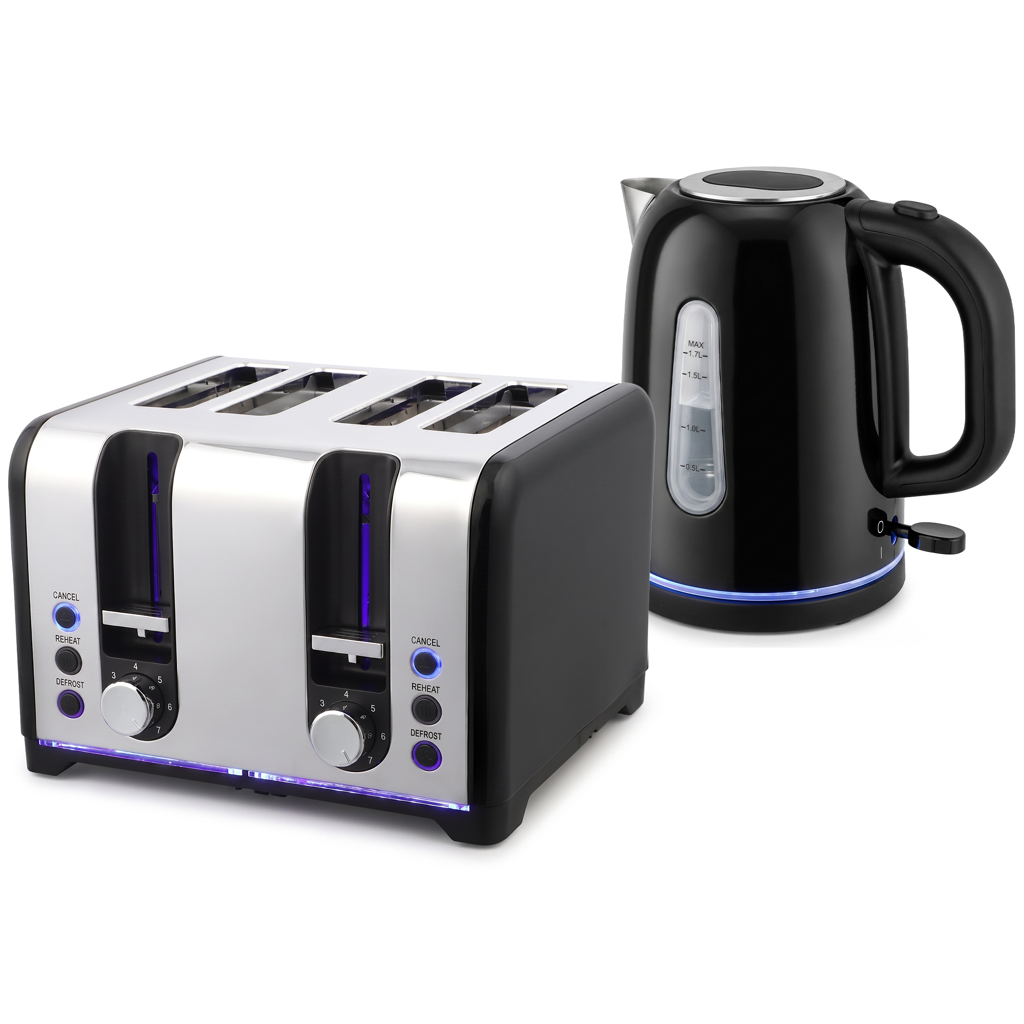 HOMCOM Wasserkocher und Toaster Set 1,7L 2200W Beleuchteter Schnellkoch-Wasserkocher Edelstahl mit Automatische Abschaltung Kalkfilter, 4-Scheiben Toaster mit 7 Bräunungsstufen & Brotheber, Schwarz Aosom
