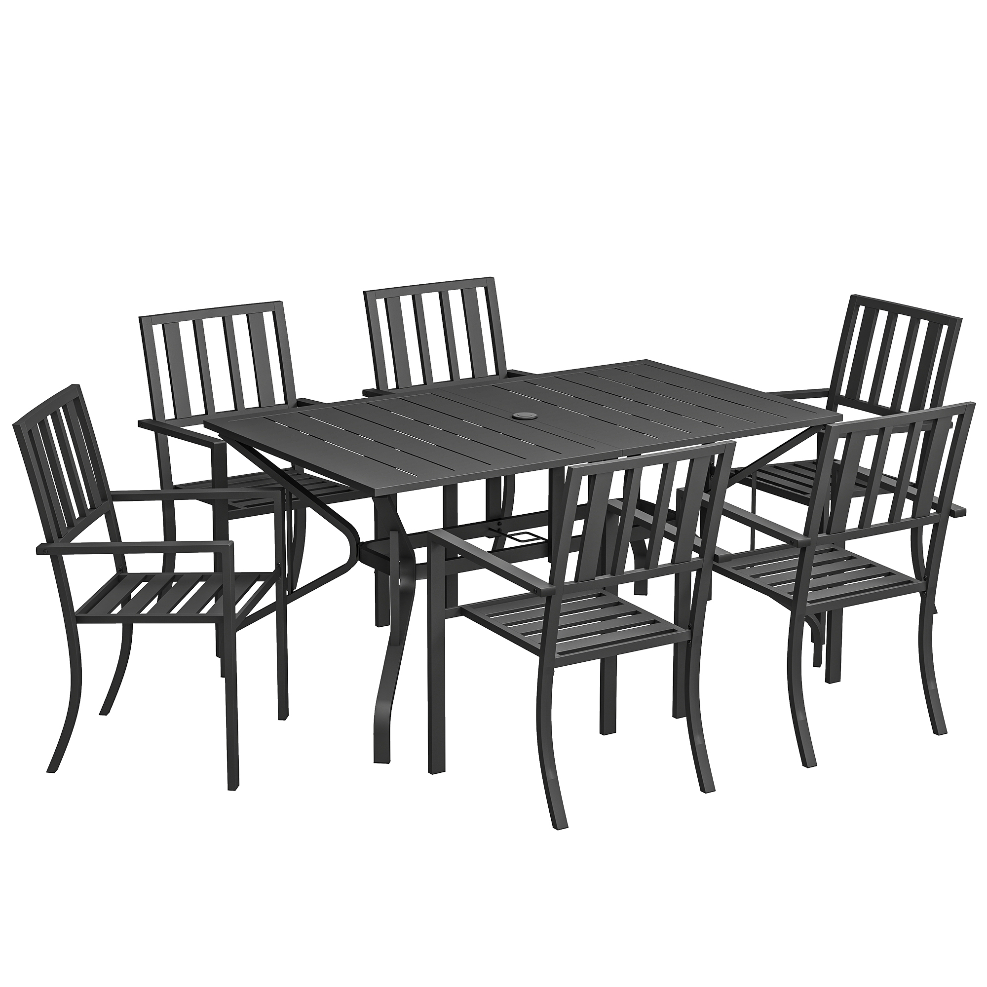 Outsunny 7 Pieces Garden Table and Chairs 6 Seater Outdoor Table and Chairs with Umbrella Hole, for Poolside, Garden, Black Outsunny 7 Pieces Garden Table and Chairs 6 Seater Outdoor Table and Chairs with Umbrella Hole, for Poolside, Garden, Black