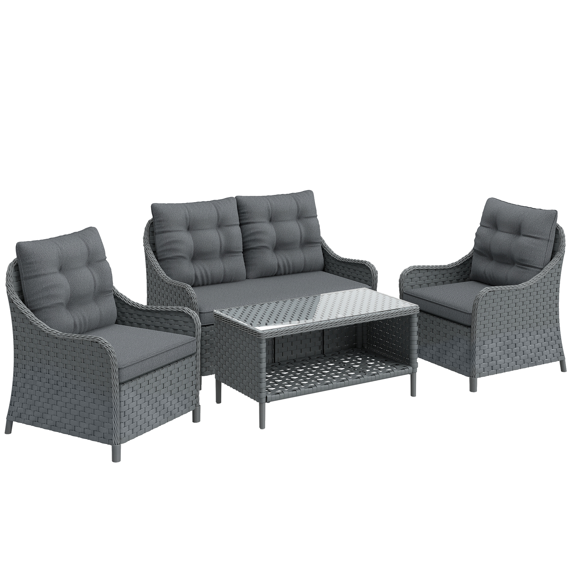 Outsunny 4-Piece Wicker Patio Furniture Set with 2 Armchairs, Loveseat, Glass Coffee Table, Conversation Sofa Set, Dark Grey