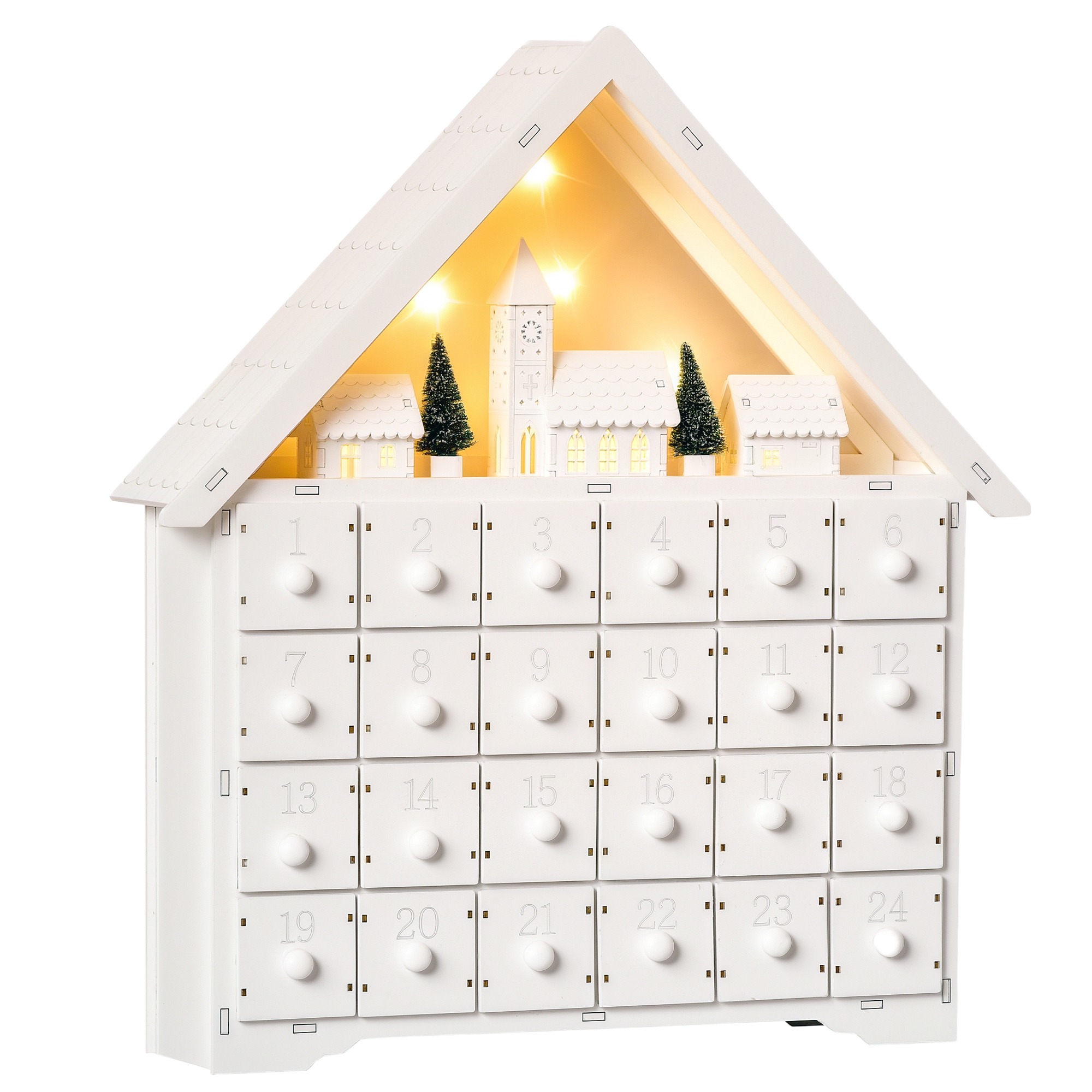 HOMCOM 24-Drawer Christmas Advent Calendar, Wooden Light-Up Traditional Decoration, Adults Kids Countdown Holiday House w/ Lights Handle White HOMCOM 24-Drawer Christmas Advent Calendar, Wooden Light-Up Traditional Decoration, Adults Kids Countdown Holiday House w/ Lights Handle White