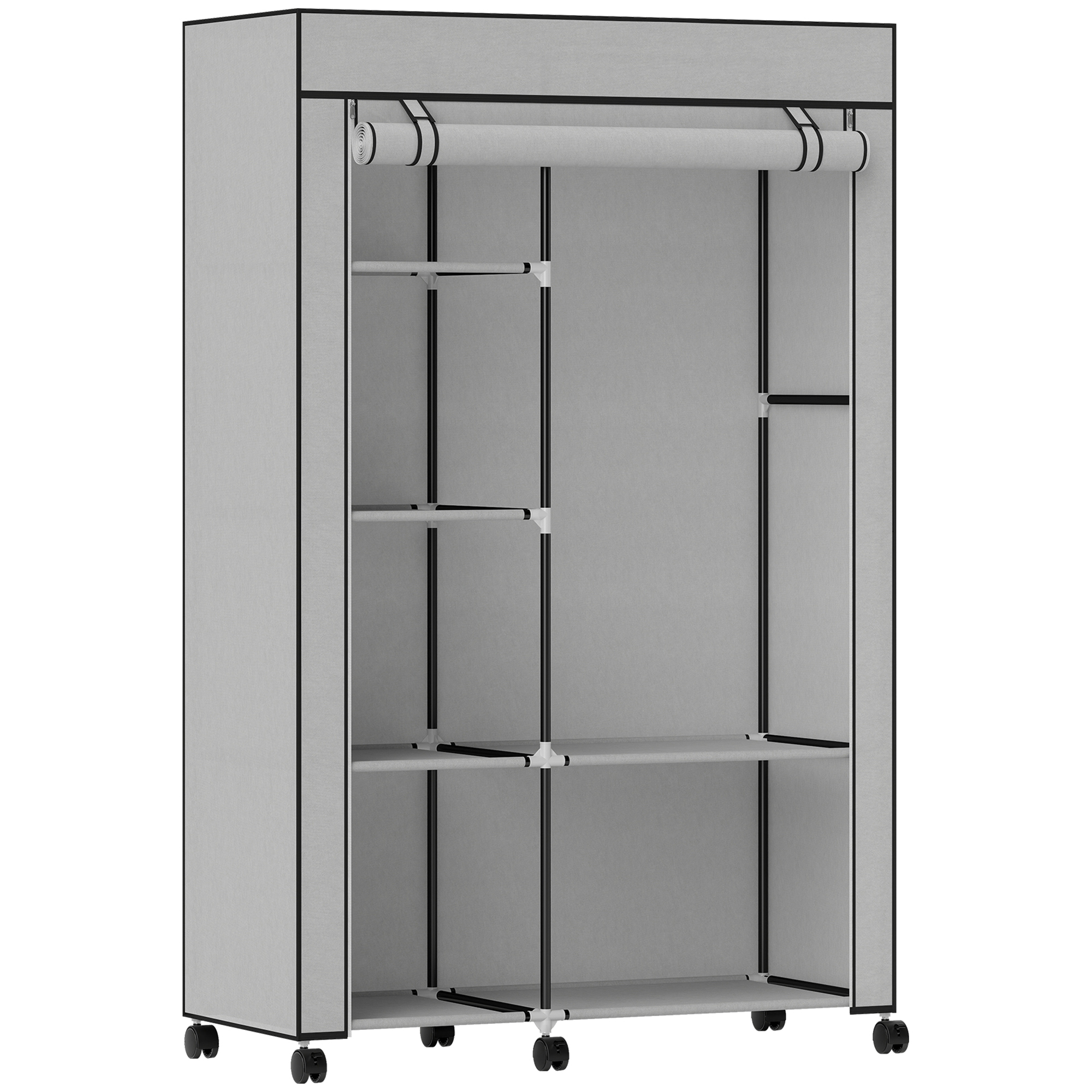 HOMCOM Armario de Tela con Ruedas Ropero Portátil con 6 Estantes y 1 Barra de Colgar para Dormitorio 103x43x162,5 cm Gris