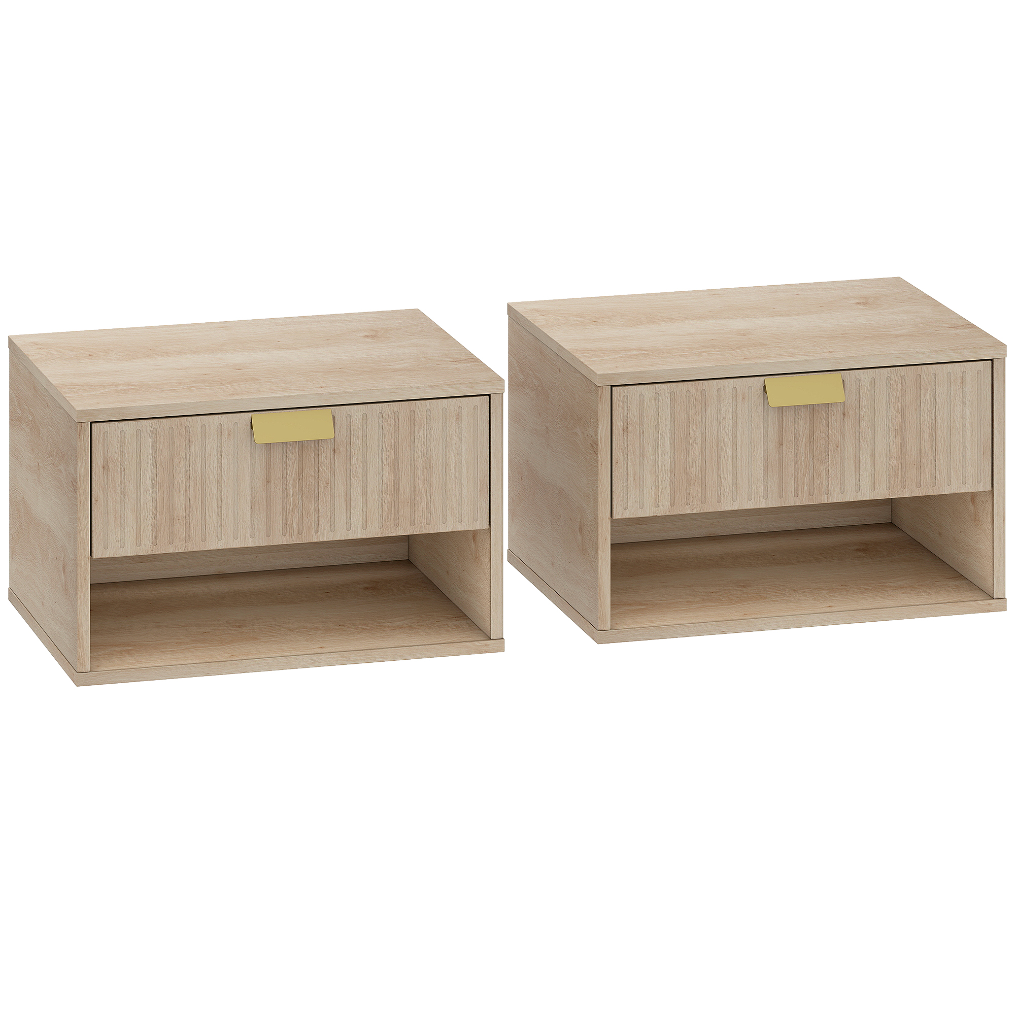 HOMCOM 2er-Set schwebende Nachttische, Nachttische mit Schublade mit gewellter Front und offenem Fach, modernes Design, für Schlafzimmer, 40x30x25 cm, Eiche Aosom