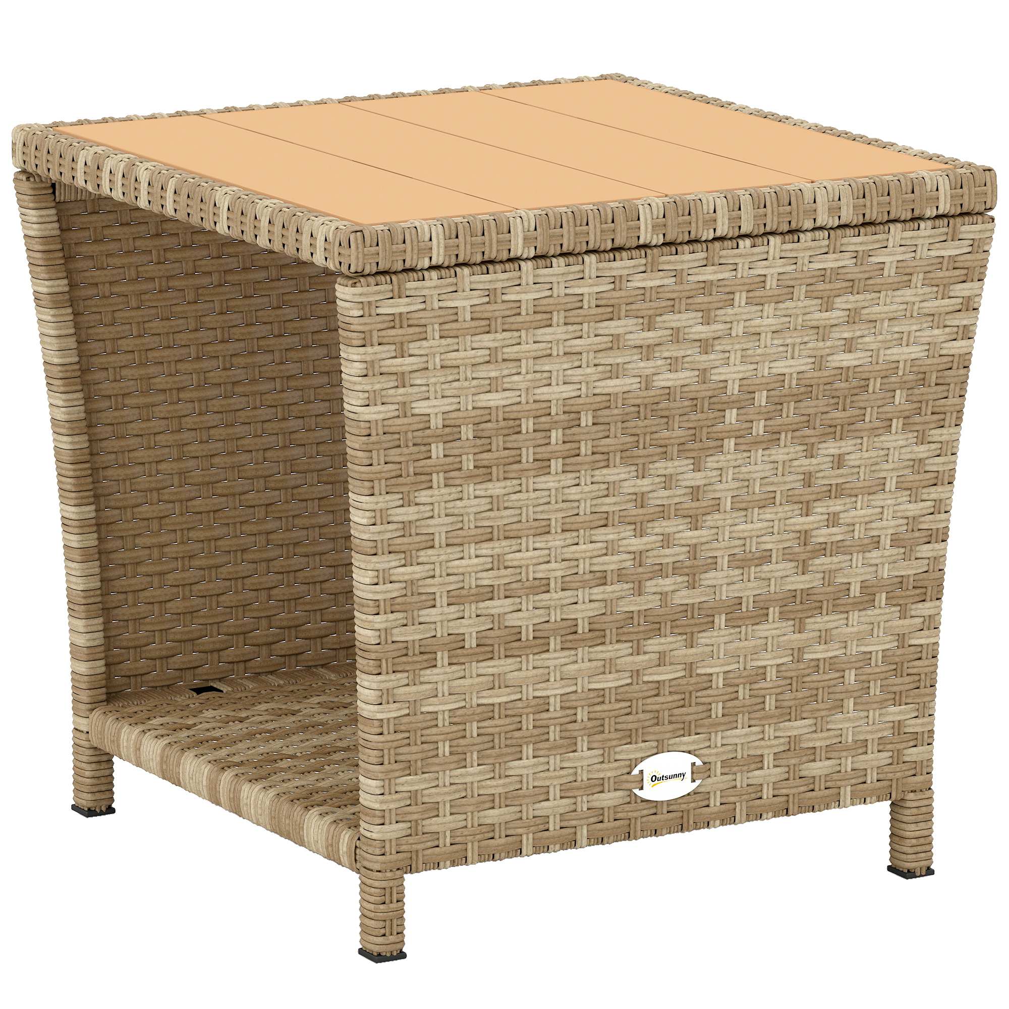 Outsunny Khaki Side Table 2-Tier Outdoor Coffee Table With Storage Shelf Ps Wood Slat Top