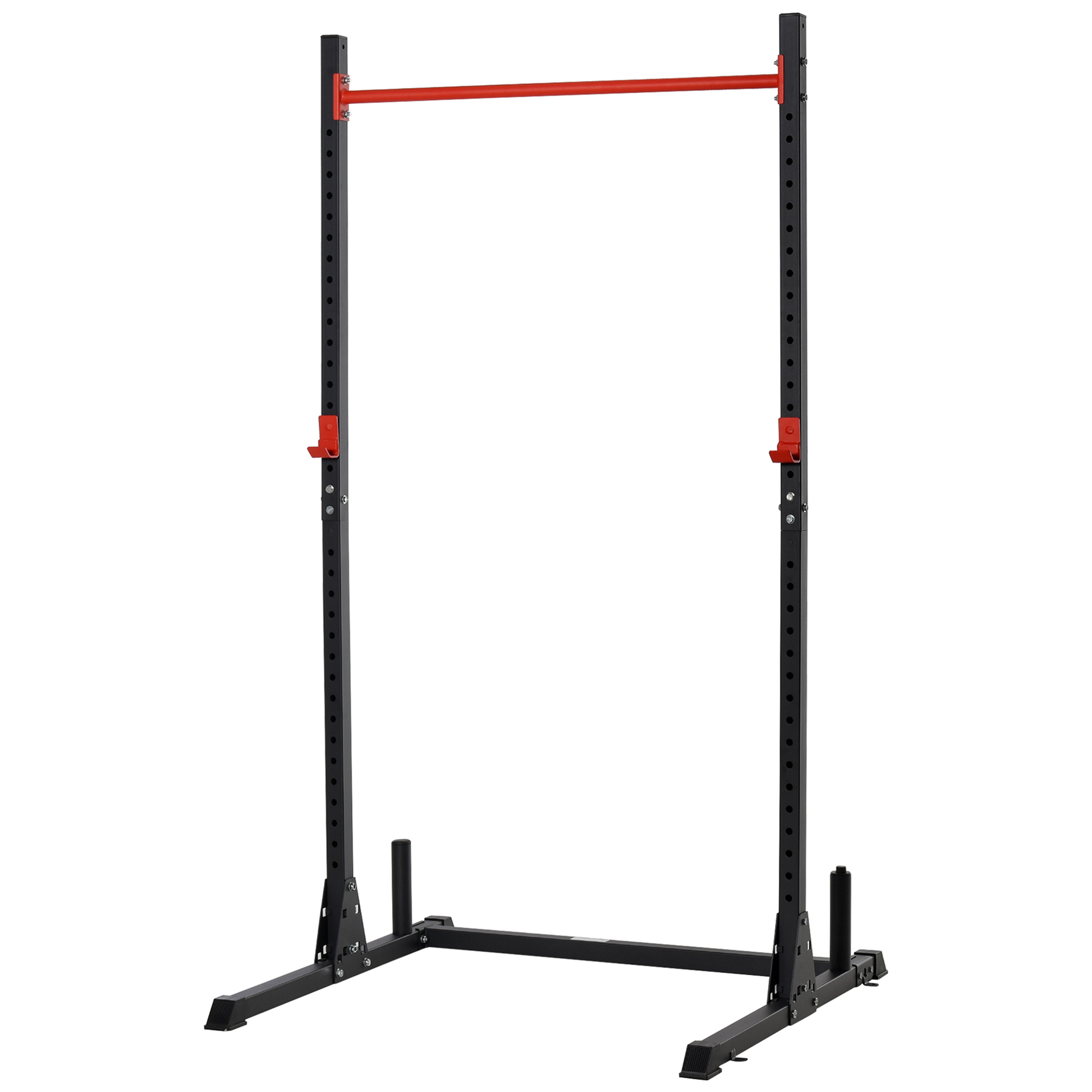 HOMCOM Squat Rack Réglable 32 Niveaux en Acier, Crochet, Barre de Traction, Base Antidérapante, 117,5x122x226cm, Noir
