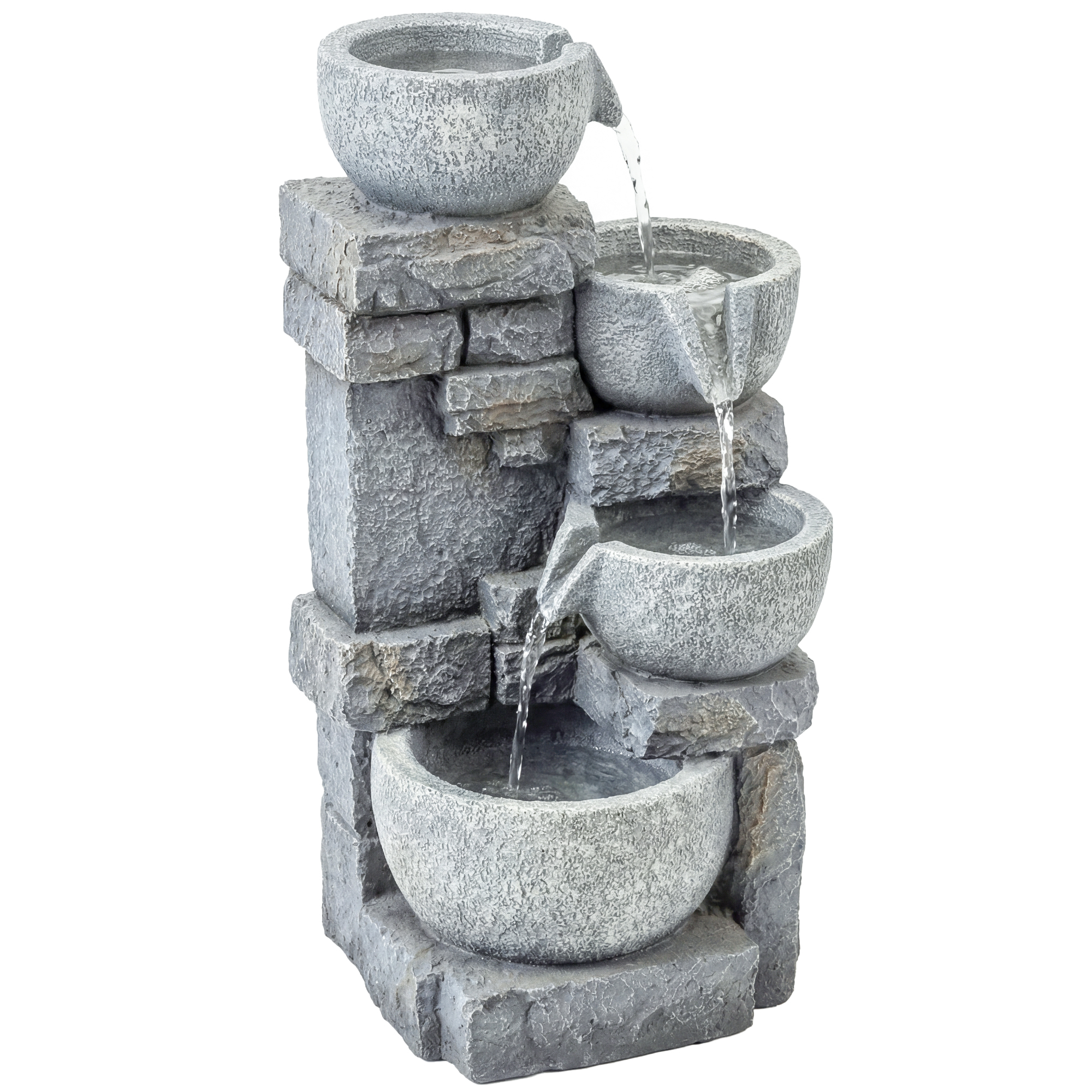 Outsunny Fuente de Jardín con Iluminación LED Bomba Fuente Decorativa en Cascada de 4 Niveles Flujo Ajustable Gris