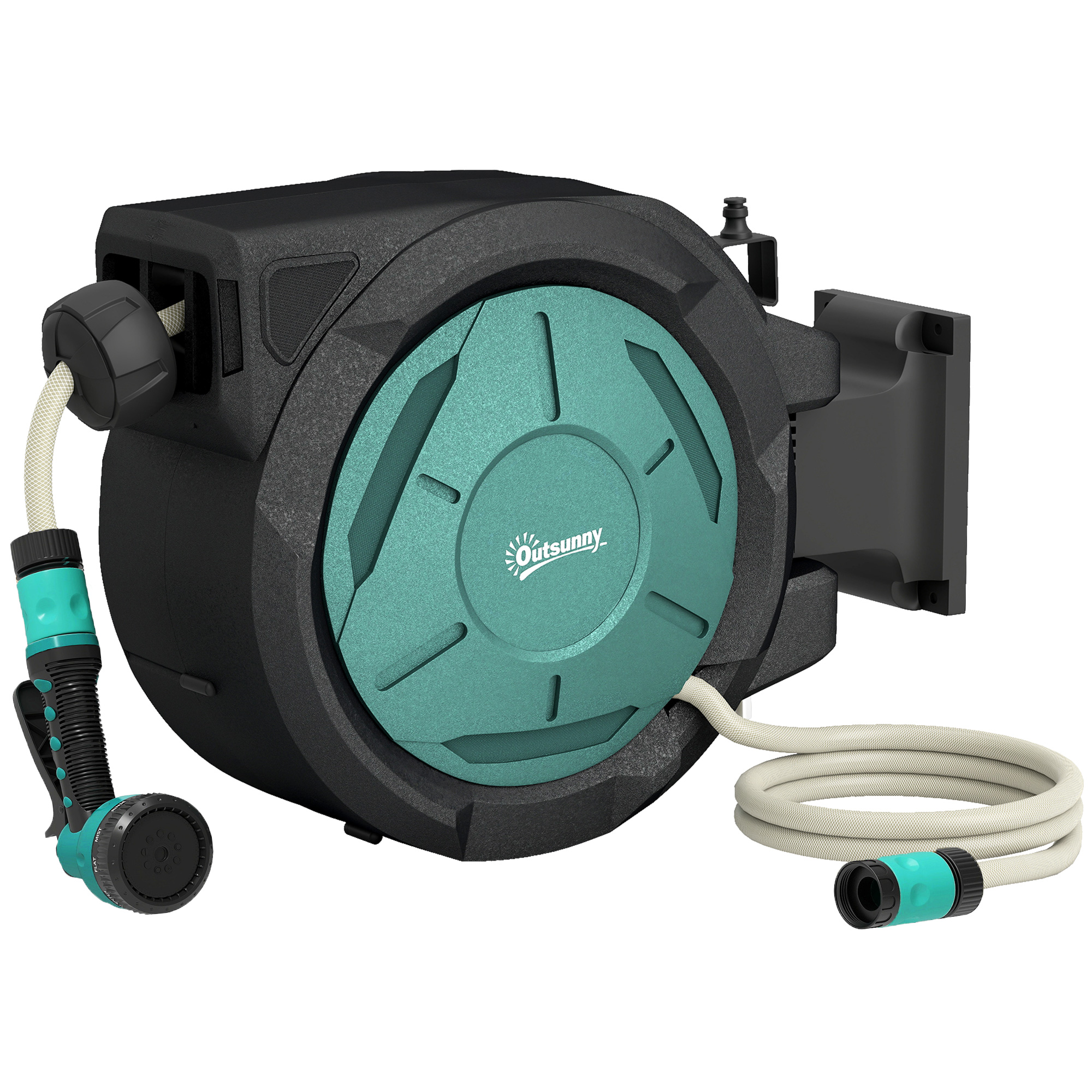 Outsunny Retractable Hose Reel Wall Mounted, 20+2m Garden Hose Pipe Reel with Lock, Auto Rewind, 7 in 1 Spray Nozzle, Includes Wall Fixings, 180? Swivel, Outdoor Watering, 54 x 20 x 39 cm, Black