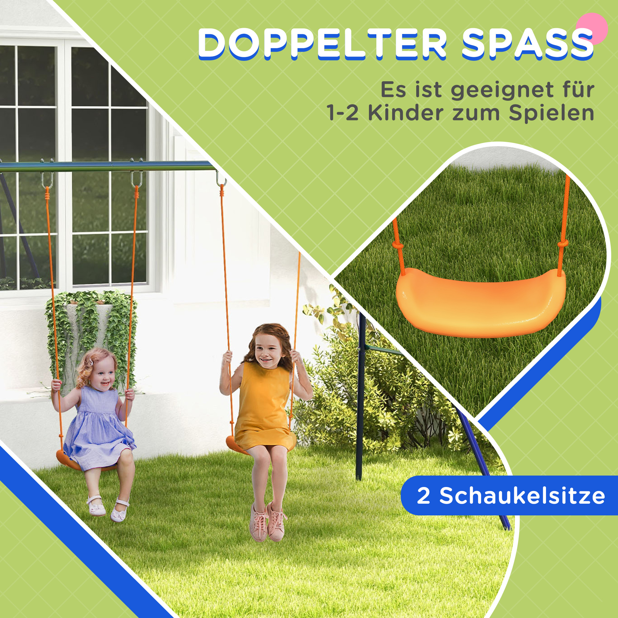 Laste kiik kahe kiigekohaga, 3-8 aastasele, terasest, 2,7 x 1,6 x 1,8 m