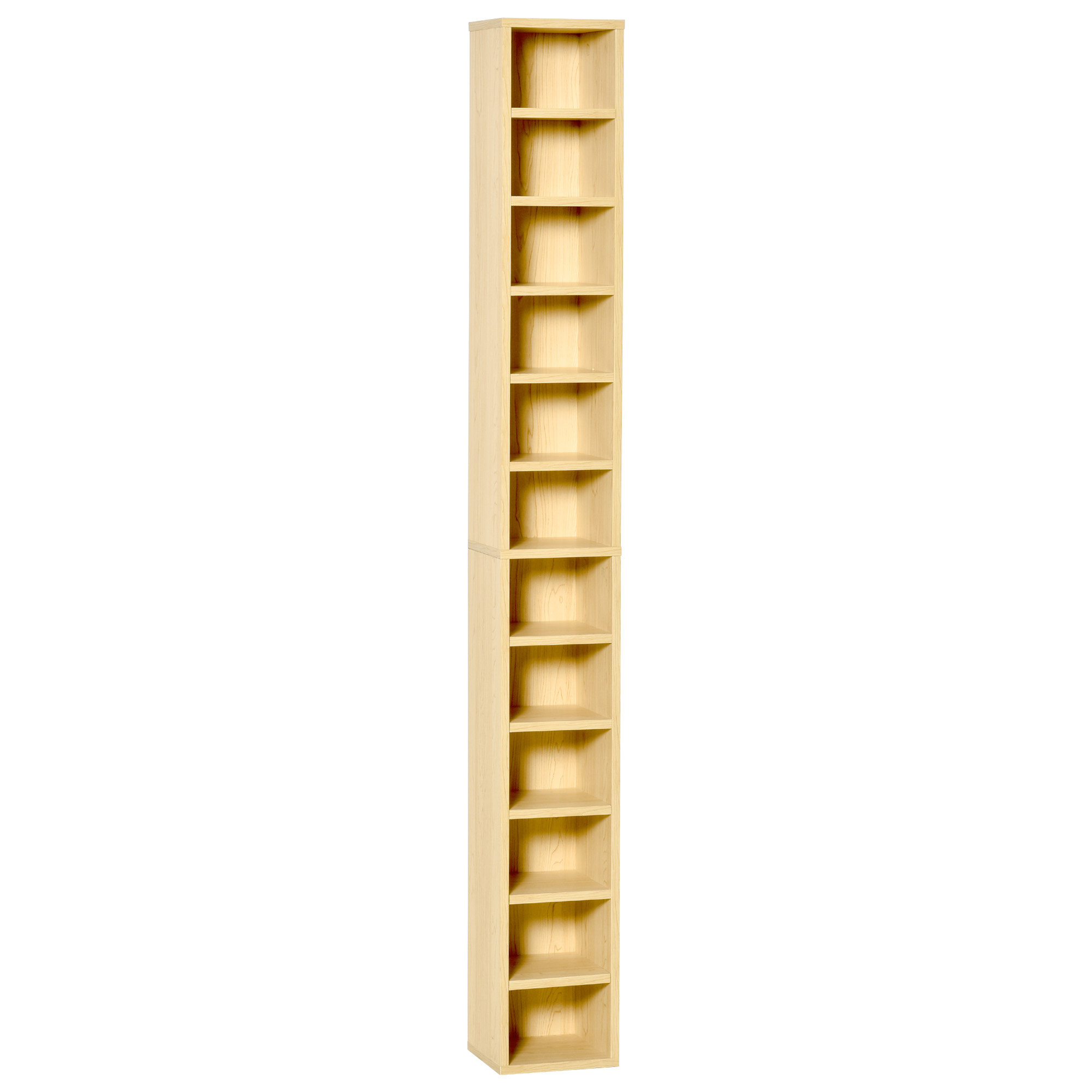 HOMCOM Dulap Biblioteca Suport CD-uri cu 12 Rafturi pentru 204 CD-uri, Raft Biblioteca din MDF si PAL, 21x20x175 cm, Lemn natural
