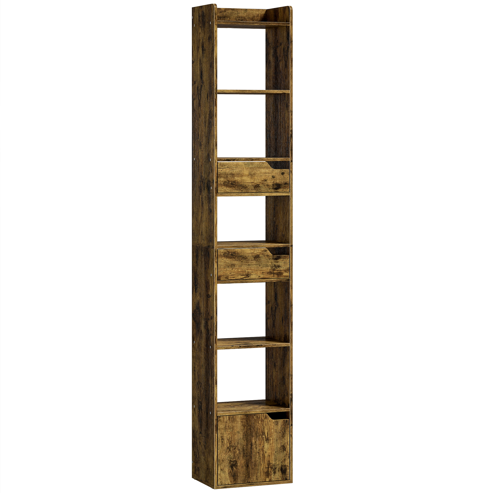 HOMCOM Bookcase Tall Narrow with 5 Tiers and Drawers Freestanding Bookshelf Storage Cabinet for Living Room Rustic Brown HOMCOM Bookcase Tall Narrow with 5 Tiers and Drawers Freestanding Bookshelf Storage Cabinet for Living Room Rustic Brown