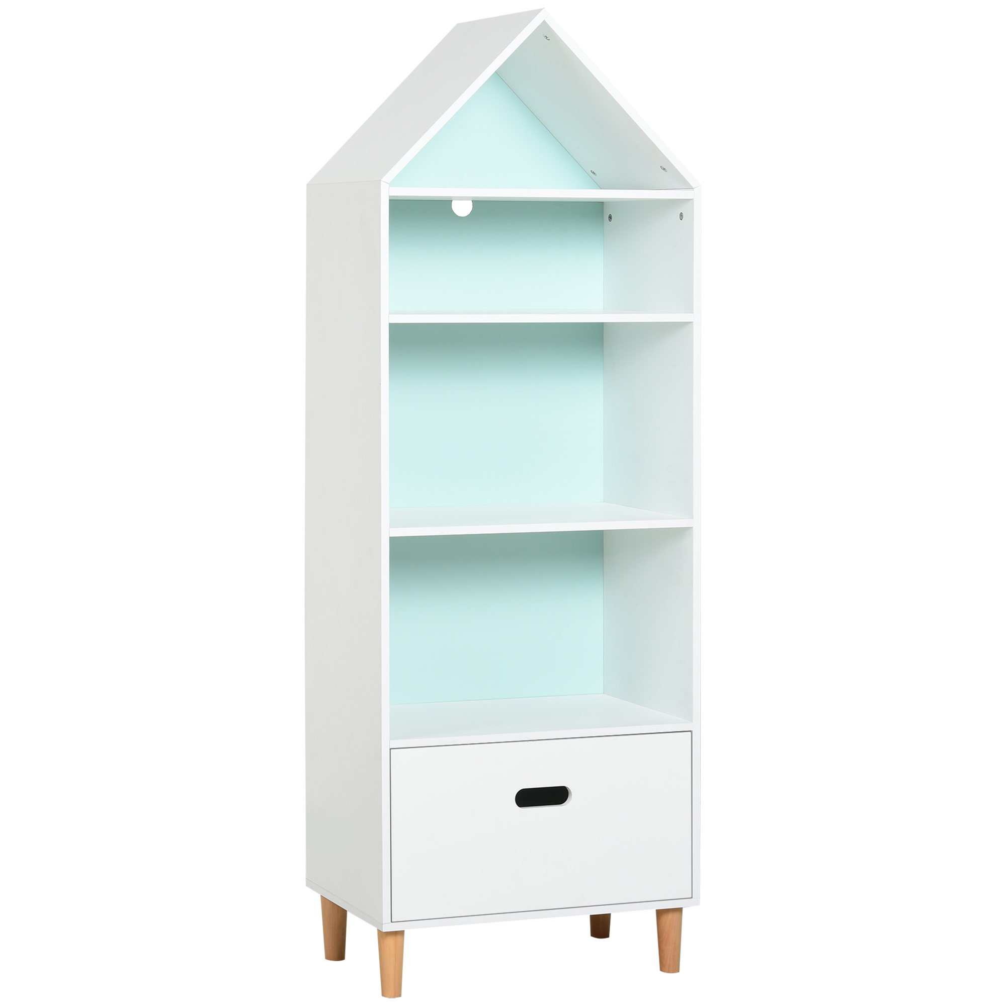 HOMCOM Estantería Infantil Librería de Madera para Niños para Libros Juguetes DVDs con 4 Estantes 1 Cajón Tablero de 2 Colores Diseño Compacto 50x30x142 cm Blanco | Aosom España