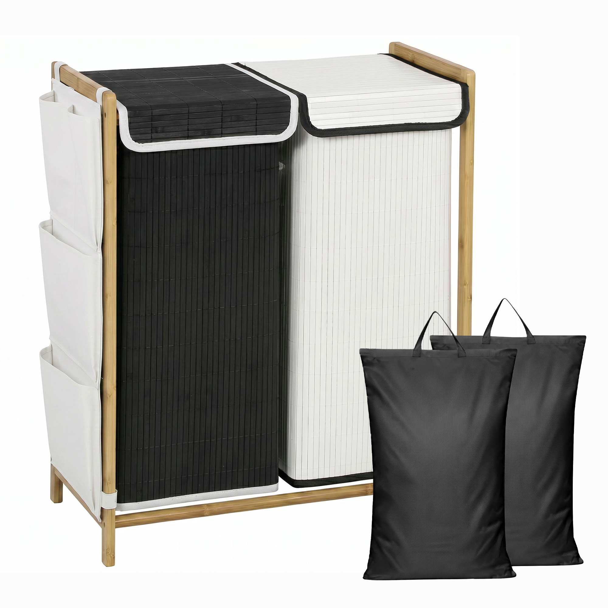 HOMCOM Cos de Rufe 2 Compartimente 120L cu Capace, Buzunare Laterale, Saci Detasabili pentru Dormitor | Aosom Romania