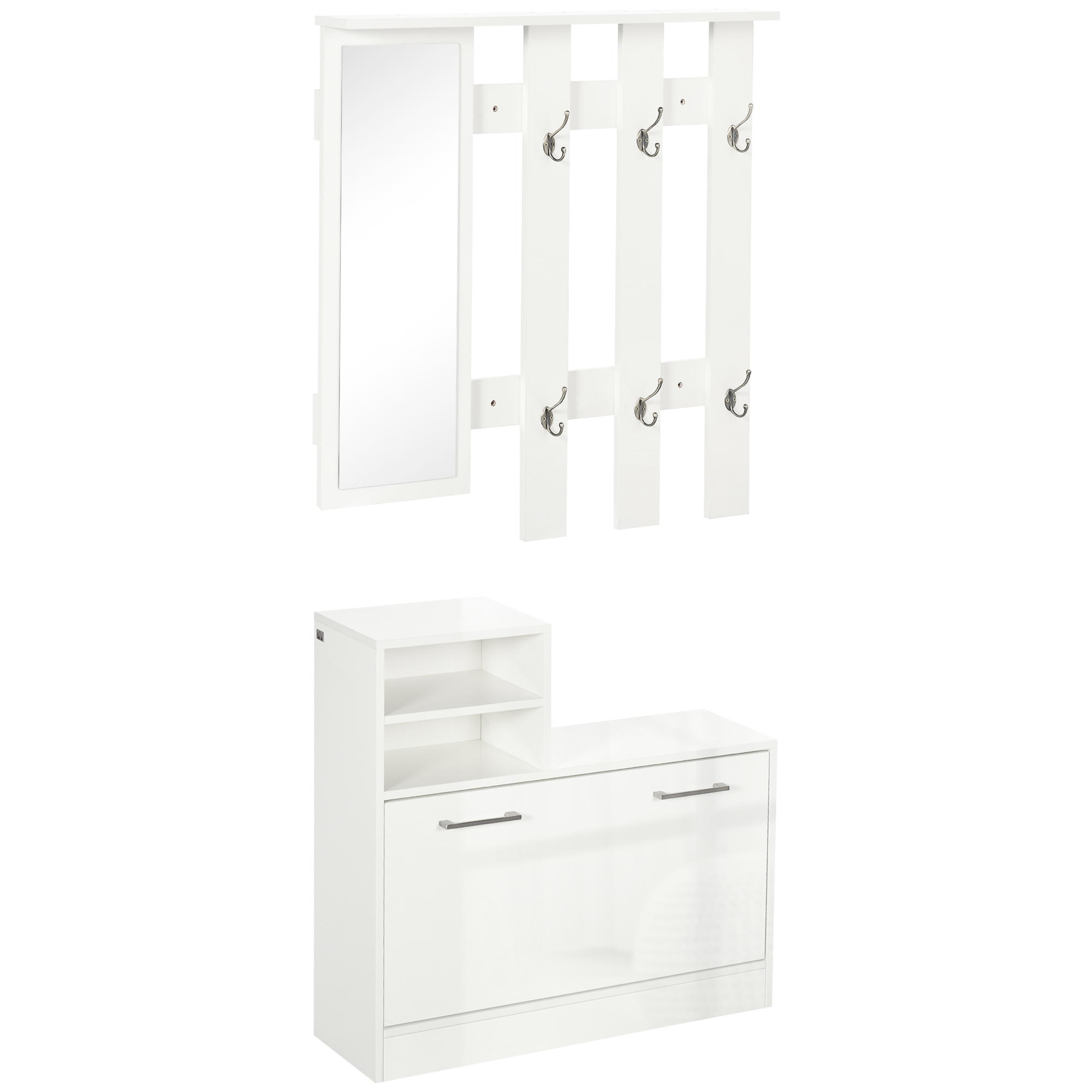 HOMCOM Recibidor con Espejo Perchero y Zapatero Muebles de Entrada con 6 Ganchos y Estantes para 8 Pares de Zapatos Blanco | Aosom España