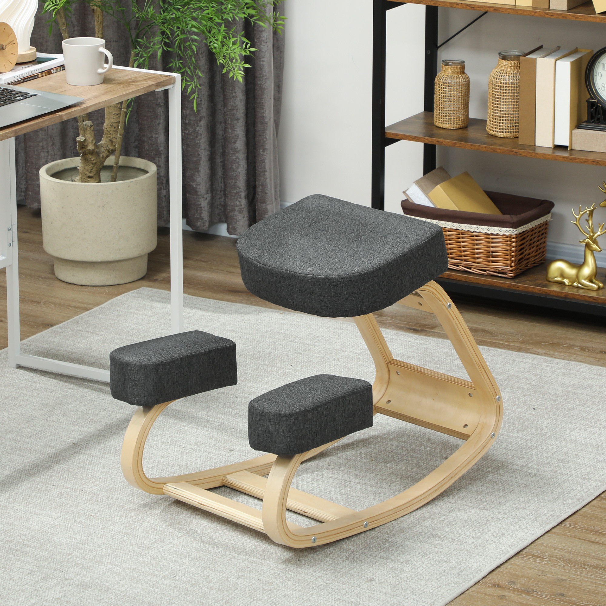 Põlvitustooli, ergonoomiline taburet, polsterdatud taburet tervisliku rühi jaoks, kasepuit, kandevõime 120 kg, tumehall