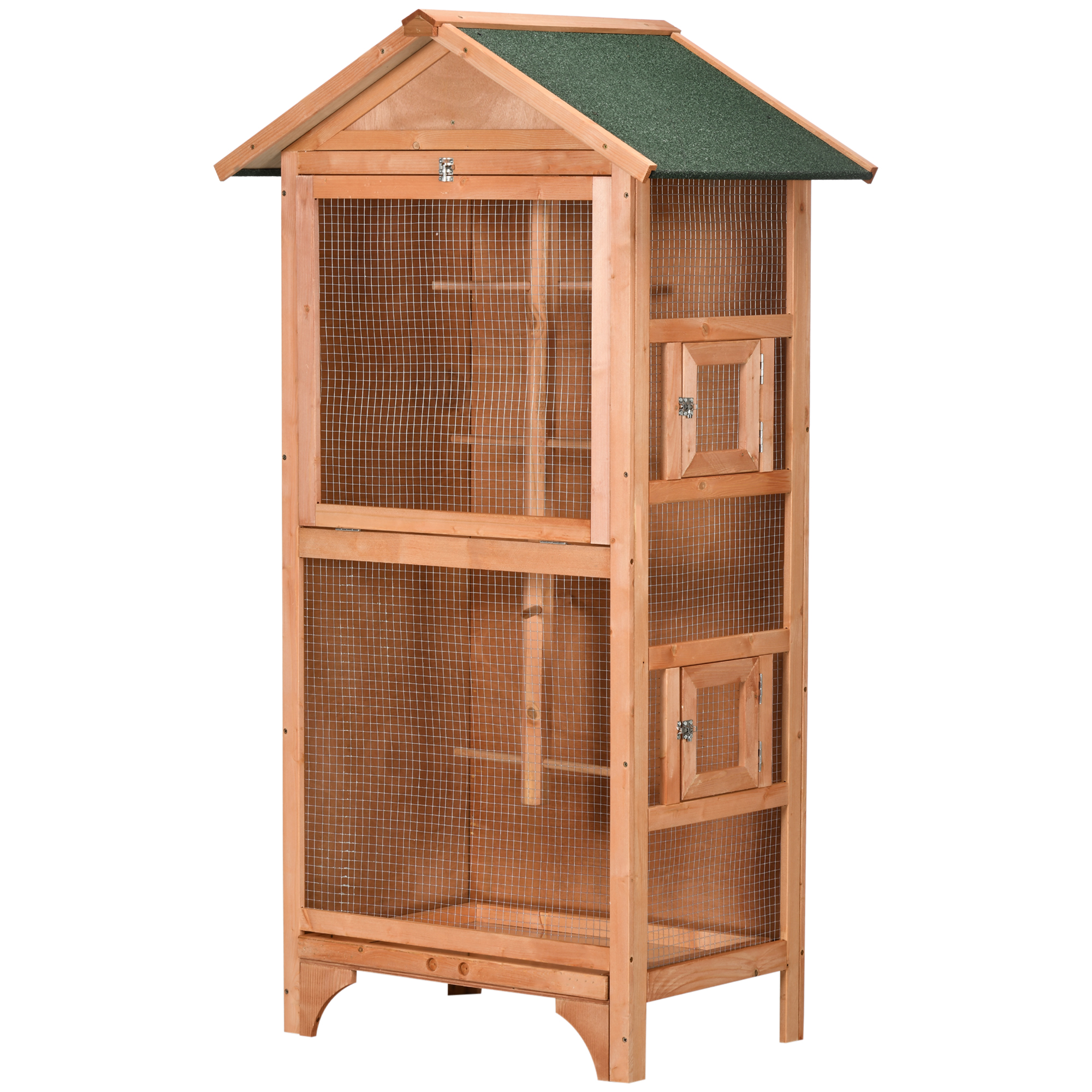 PawHut Jaula para Pájaros de Madera con 3 Puertas 4 Perchas Bandeja Extraíble y Techo Asfáltico 80,5x57x153 cm Natural | Aosom España