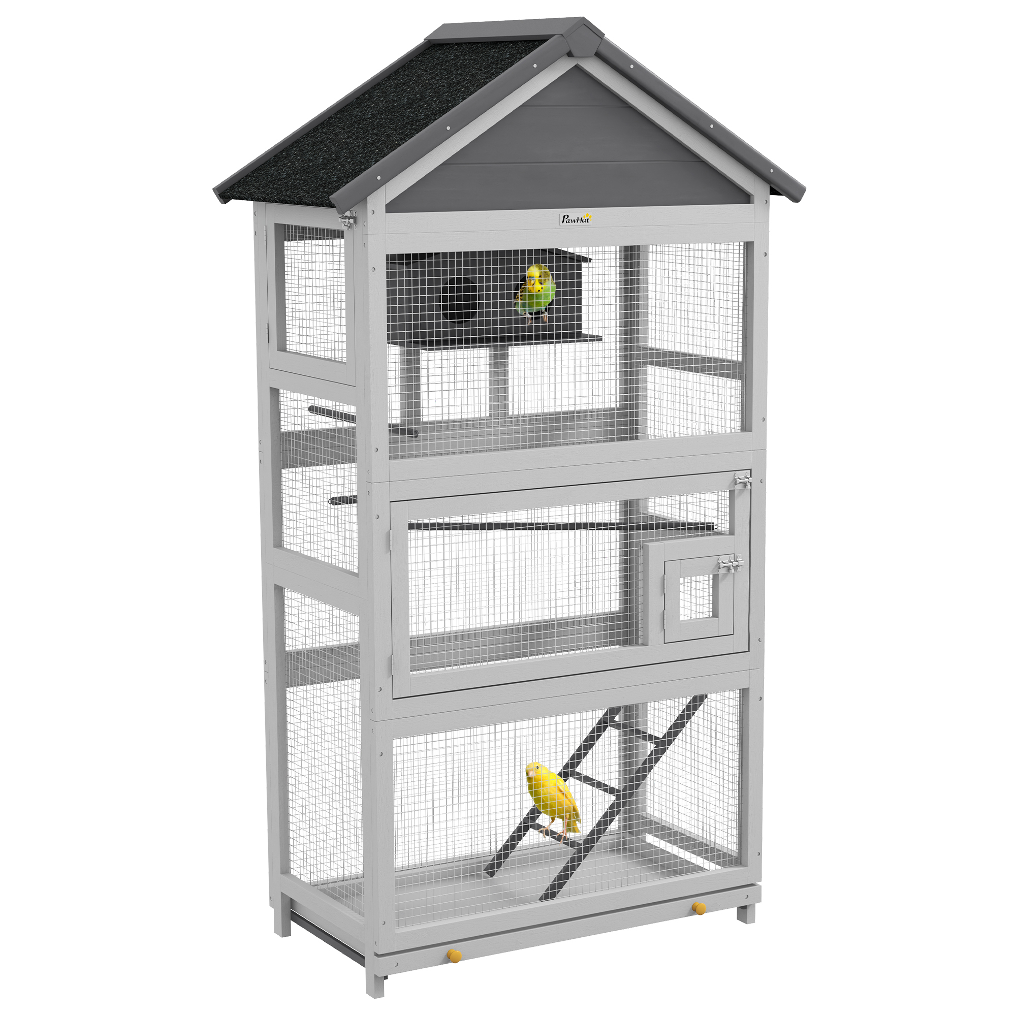 PawHut Cage à oiseaux en bois cage perroquet aire de jeux toit asphalte imperméable 92 x 52 x 171 cm gris
