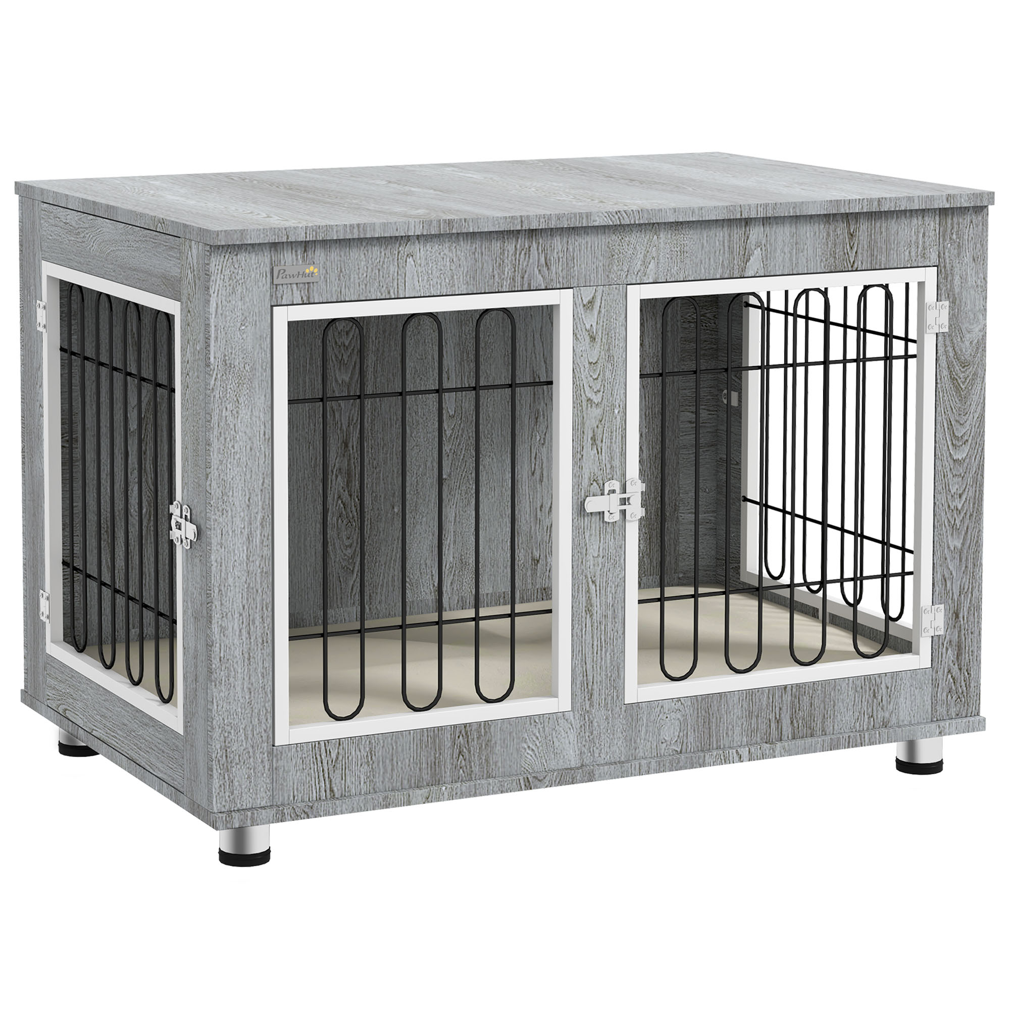 PawHut Hundekäfig, Hundehütte, Haustierkäfig mit Kissen, 2 Verriegelungen für Mittelegroße Hunde, Hundebox mit Doppeltüren, Hundehaus, Grau, 90 x 58 x 65 cm   Aosom