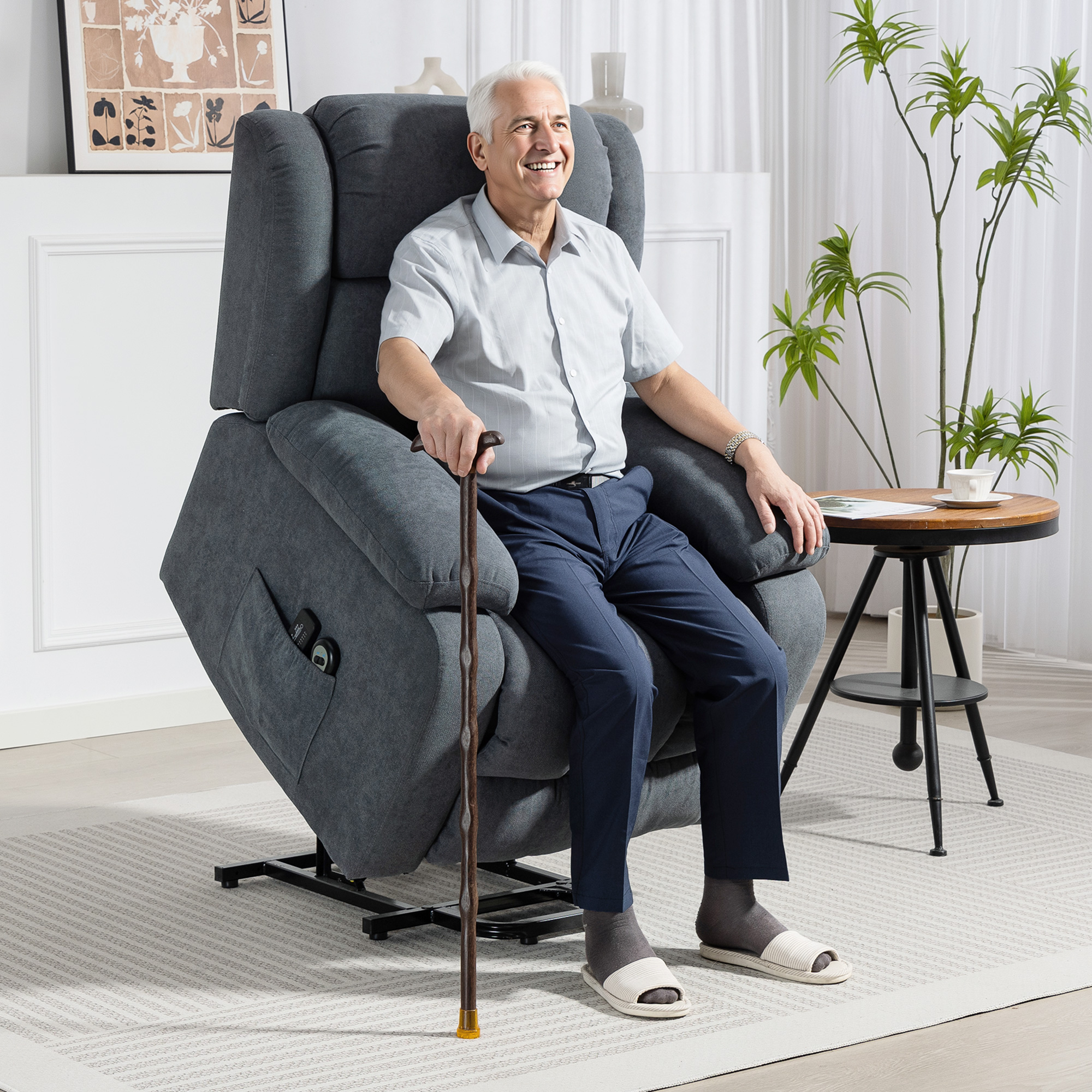HOMCOM Fernsehsessel mit Aufstehhilfe Elektrisch Relaxsessel mit Liegefunktion, Massagefunktion Massagesessel mit Fernbedienung Seitentasche Fußteil TV-Sessel mit Leinenoptik, Dunkelgrau   Aosom