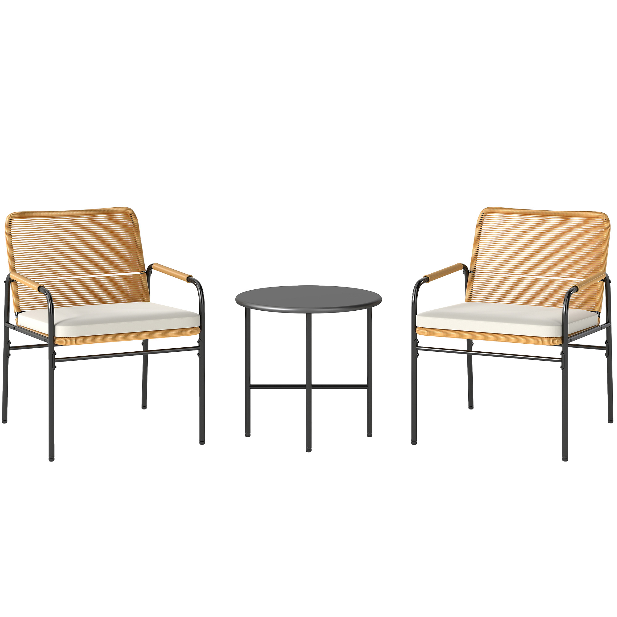 Outsunny Conjunto de Muebles de Jardín de Ratán Sintético con 2 Sillas con Cojines Extraíbles y Mesa con Tablero de Metal Natural