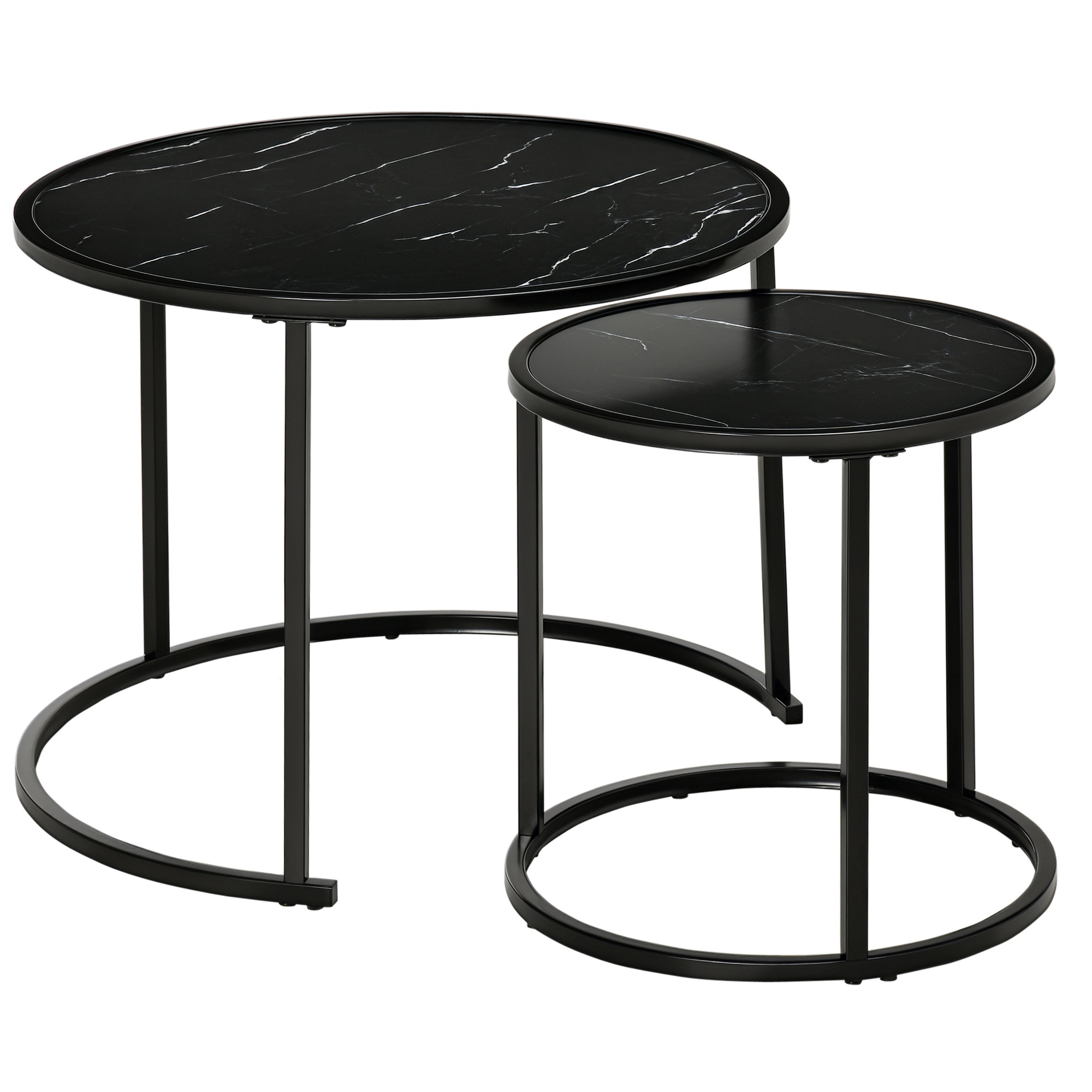 Lot de 2 Tables Basses Rondes gigogne empilables Plateau en bois aspect marbre et Pieds en métal Noir