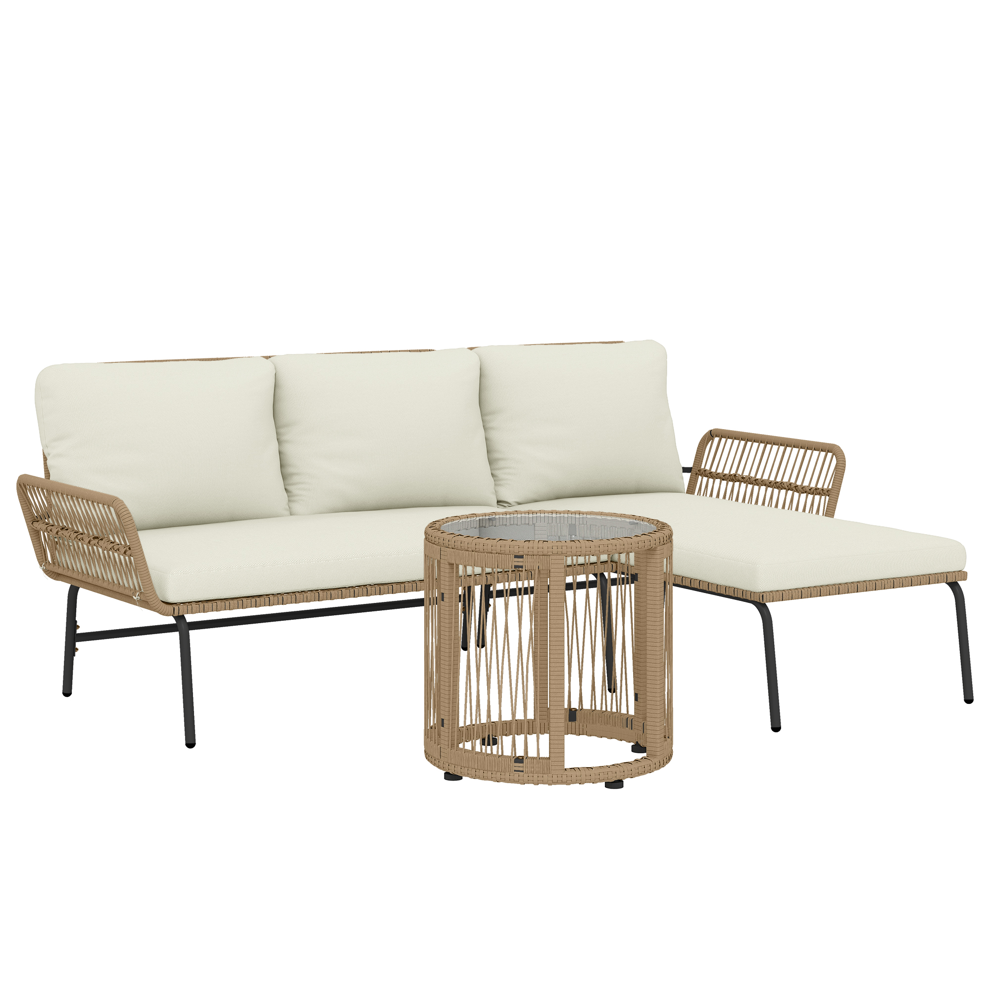 Outsunny Conjunto de Muebles de Jardín Exterior de Ratán con Sofá de 2 Plazas Chaise Longue Cojines y Mesa Auxiliar Crema | Aosom España