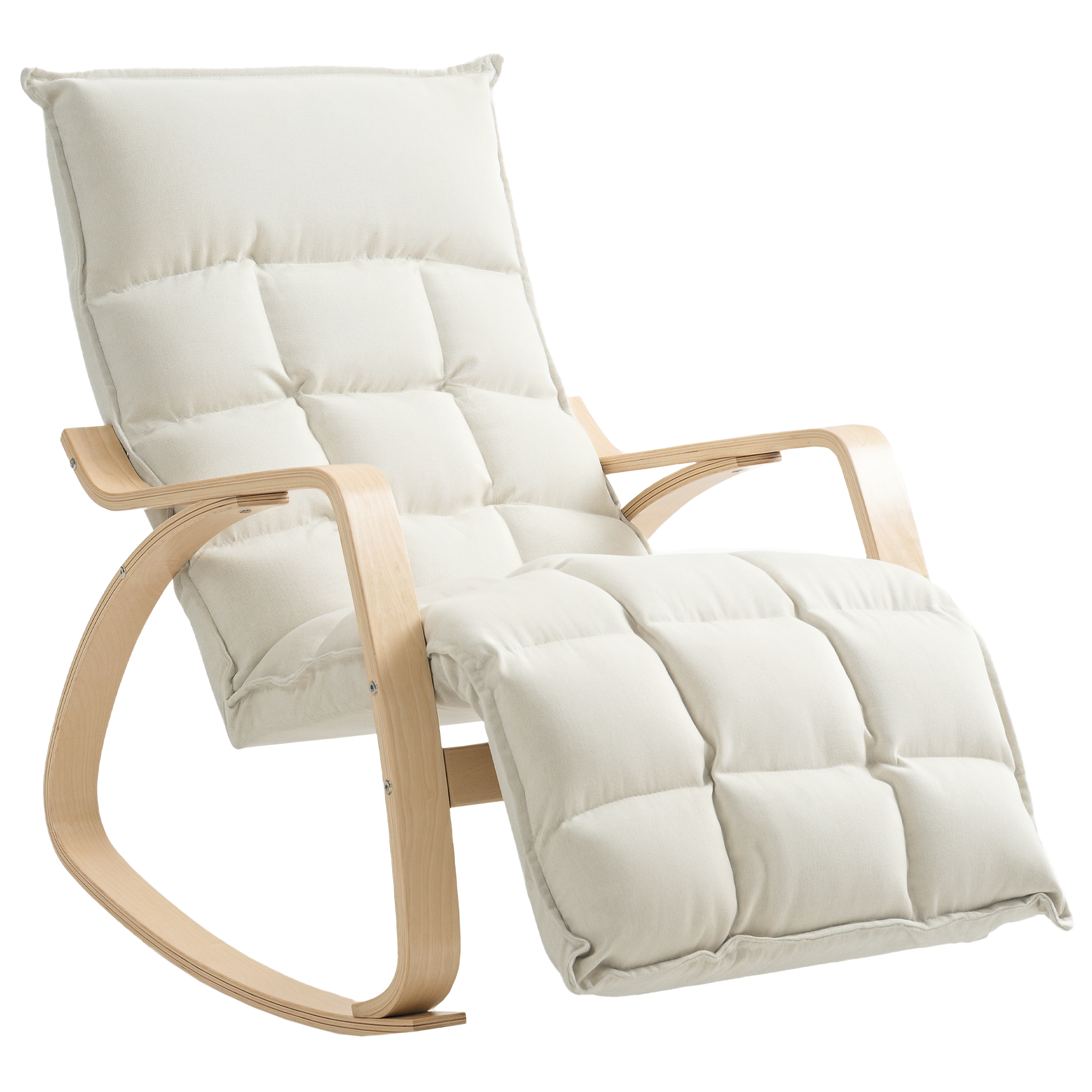 HOMCOM Fauteuil à bascule avec repose-pieds ajustable, rocking chair avec pieds en bois de bouleau, 67 x 106-123 x 92 cm, crème