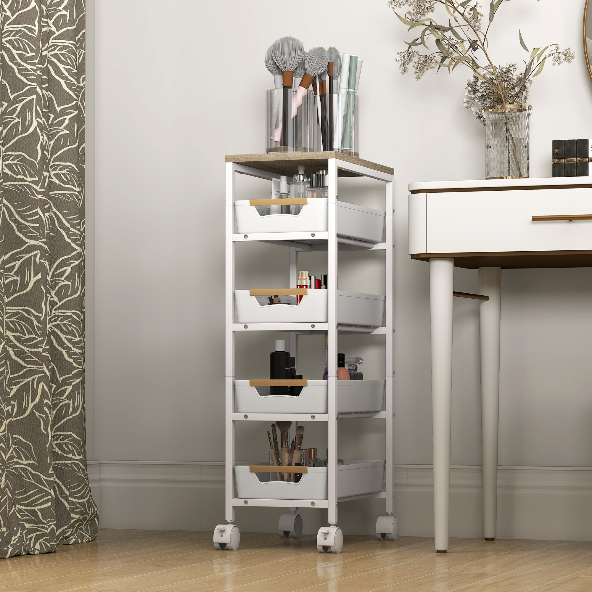 5-korruseline köögikäru, puiduimitatsioon, ratastel, metallraam, 4 sahtlit, valge