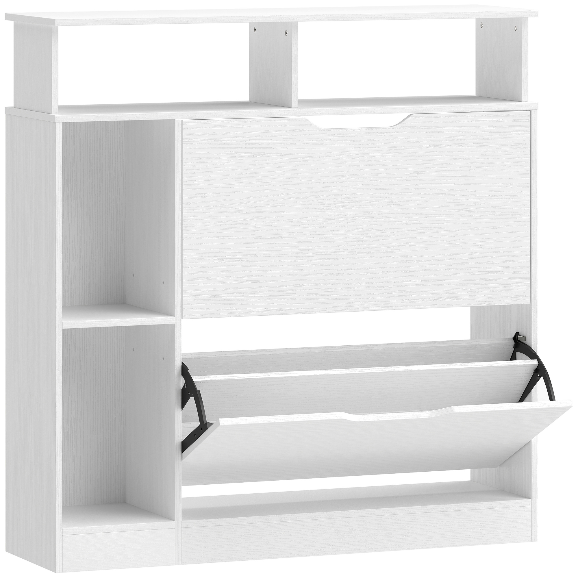 HOMCOM Schuhschrank mit 2 Klappen Schmal Schuhkipper mit Verstellbar Trennwand, offenem Fach Schuhregal für 12 Paar Schuhe Schuhaufbewahrung Schuhkommode für Flur, Eingang 89 x 25 x 92 cm Weiß Aosom