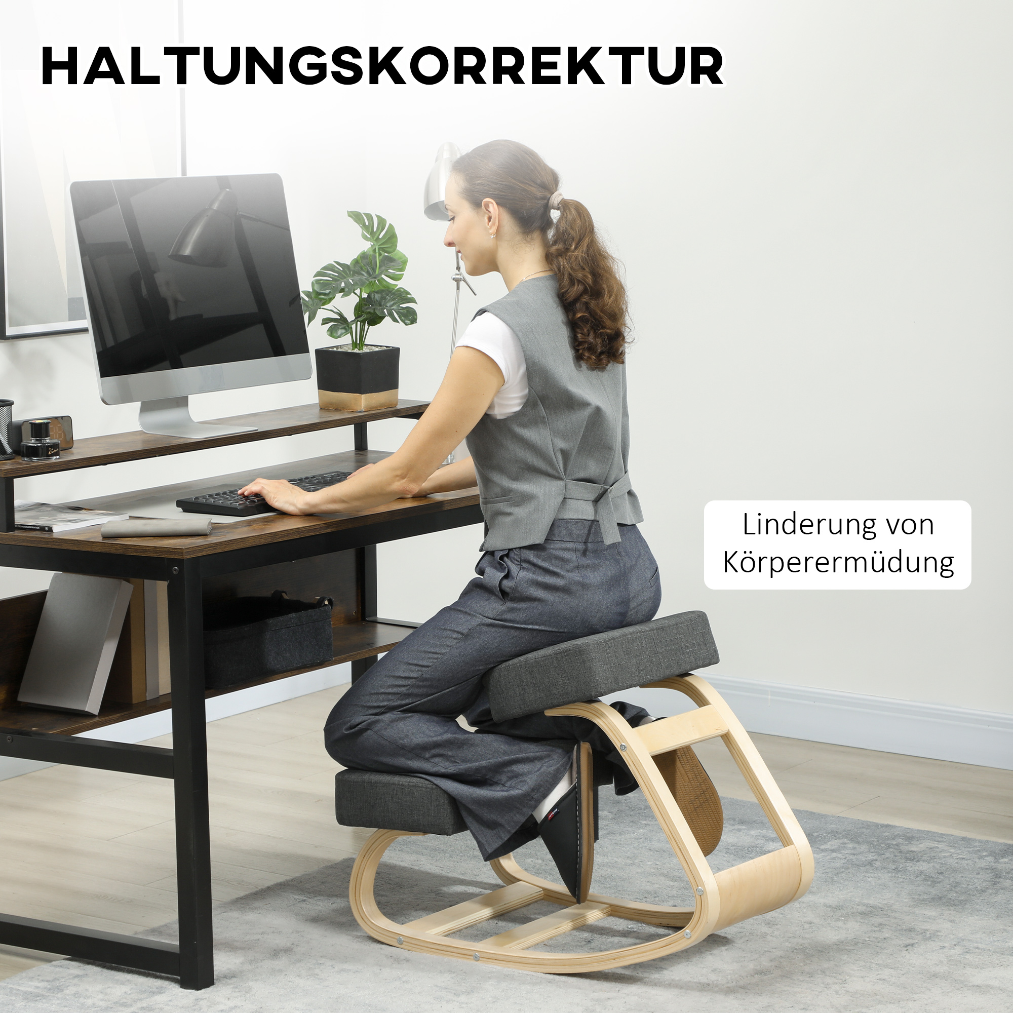 Põlvitustooli, ergonoomiline taburet, polsterdatud taburet tervisliku rühi jaoks, kasepuit, kandevõime 120 kg, tumehall