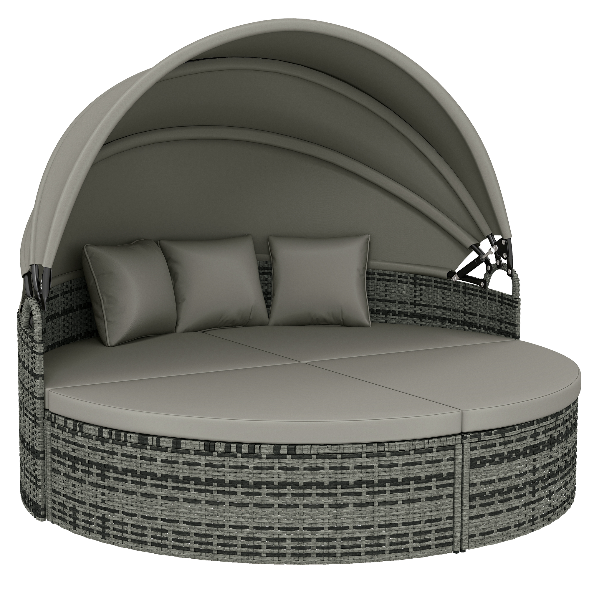 Outsunny Bain de soleil rond, lit de jardin extérieur modulable 3 PSC en résine tressée avec auvent rétractable, gris clair