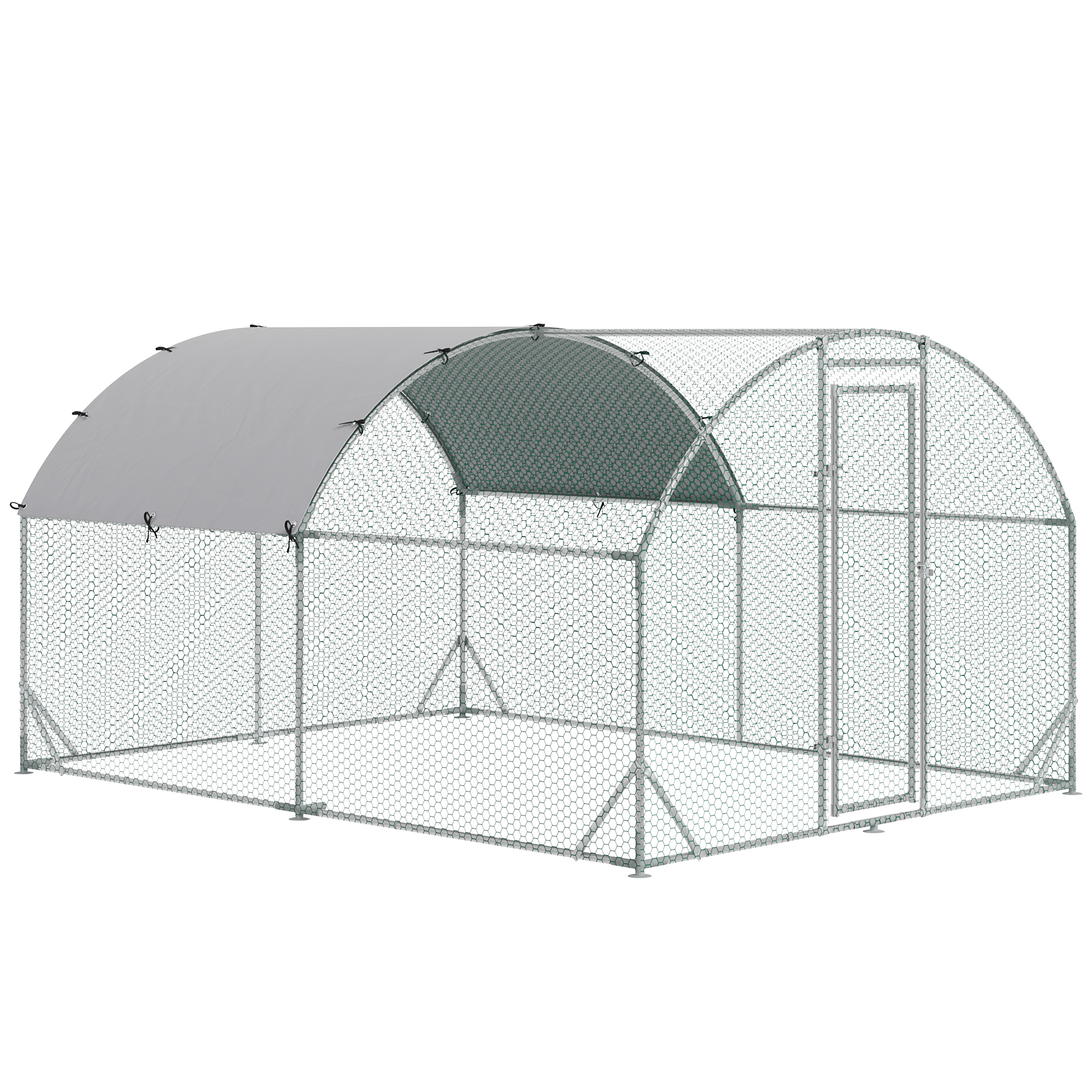 PawHut Recinto per Galline in Metallo Galvanizzato con Tetto e Copertura Anti UV, 280x380x197 cm, Argento
