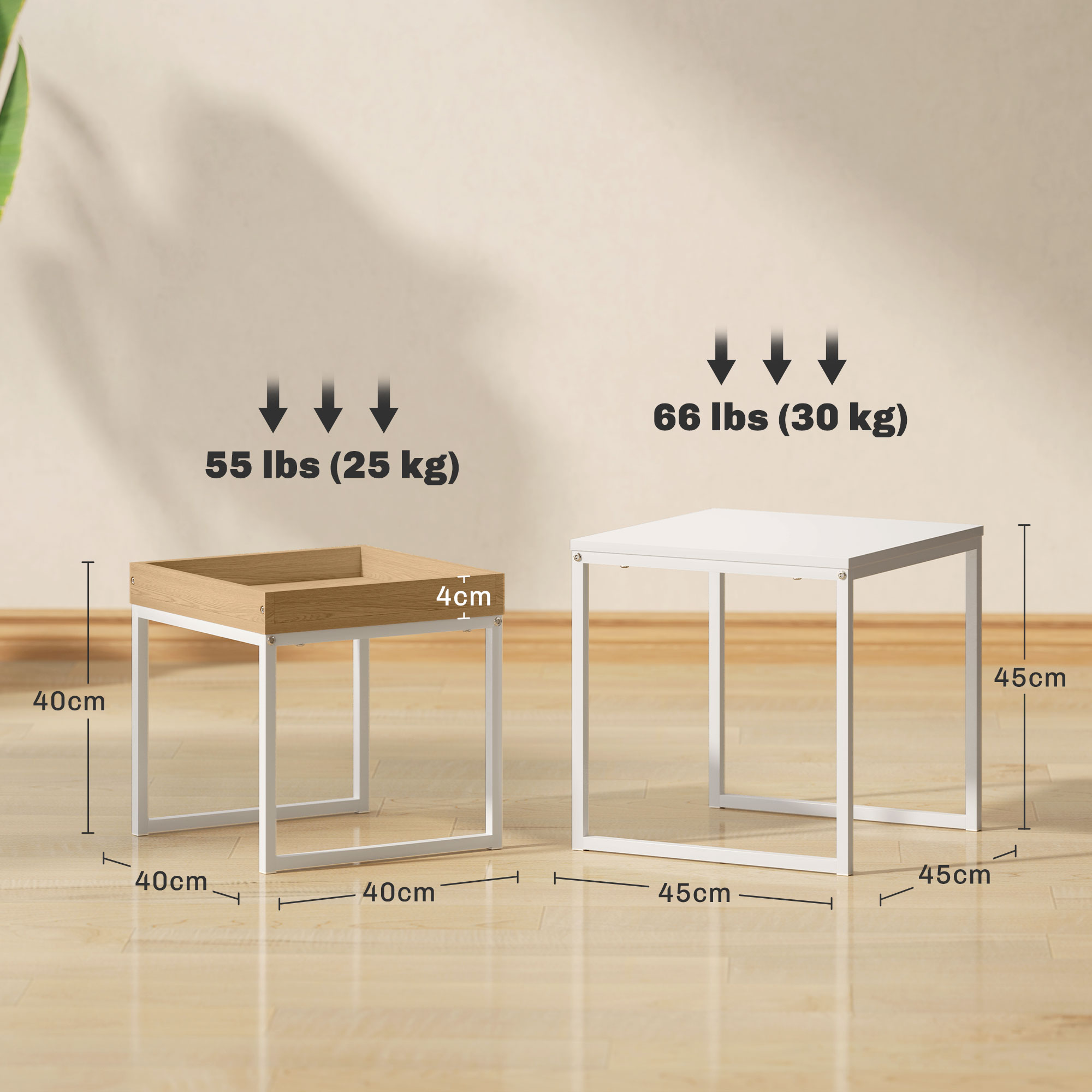 Moodne kohvilaud, 2 tk komplekt, diivanilaud, väikesesse ruumi, kandiline, MDF, metall, valge