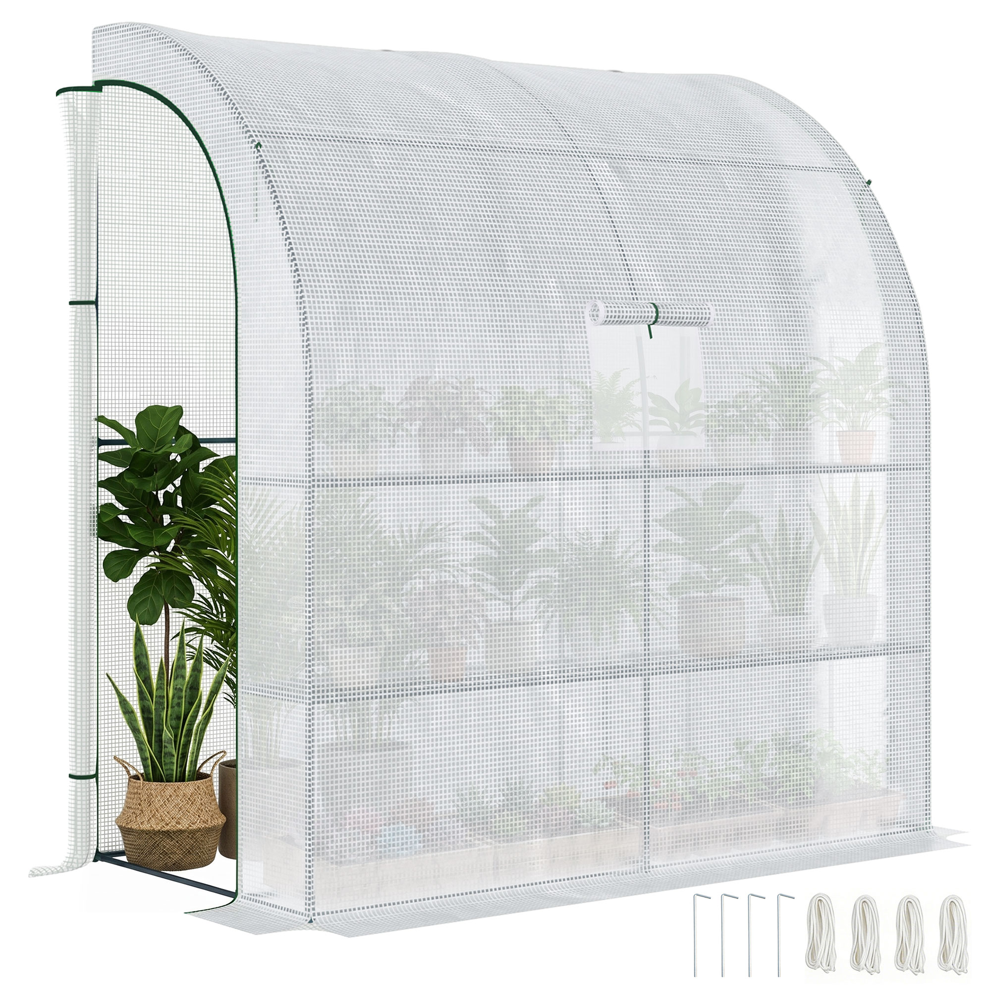 Outsunny Walk-In Lean to Polytunnel Greenhouse with Windows and Doors 2 Tiers 4 Wired Shelves 200L x 100W x 215Hcm White   Aosom UK