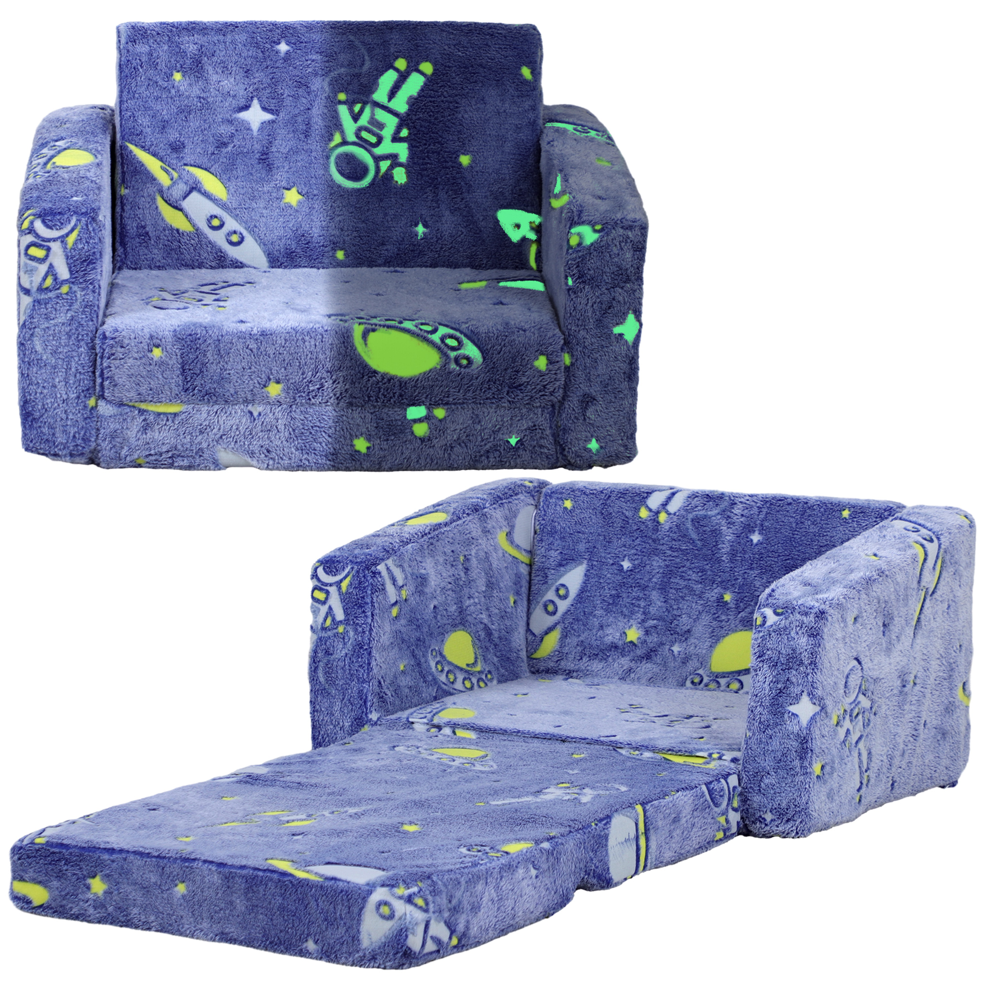 AIYAPLAY Sofá Infantil Plegable 2 en 1 Tapizado de Tela Luminosa con Patrón Cósmico Cojín y Funda Lavables Azul