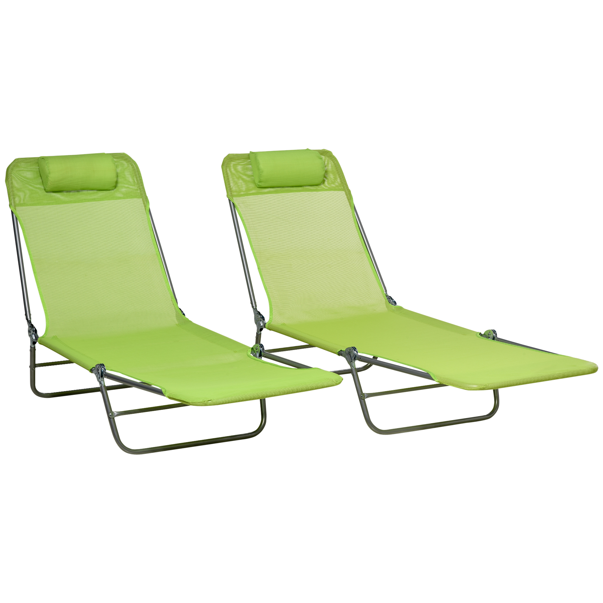 Outsunny Reclining Sun Lounger, Set of 2, Folding Outdoor Day Bed with Pillow, Steel Frame, Breathable Mesh, Green   Aosom UK